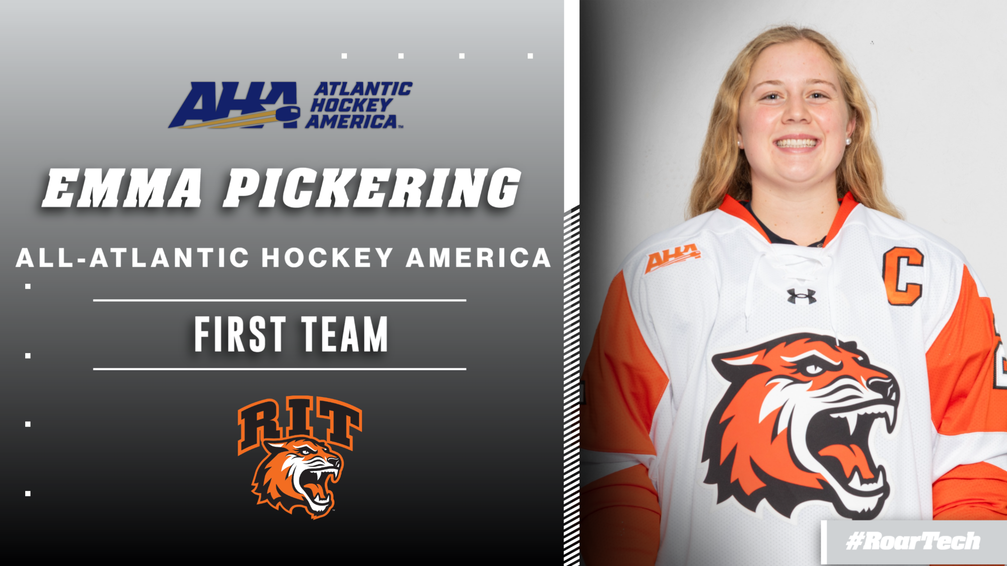 A graphic announcing All-AHA women's hockey selections with a head shot of Emma Pickering
