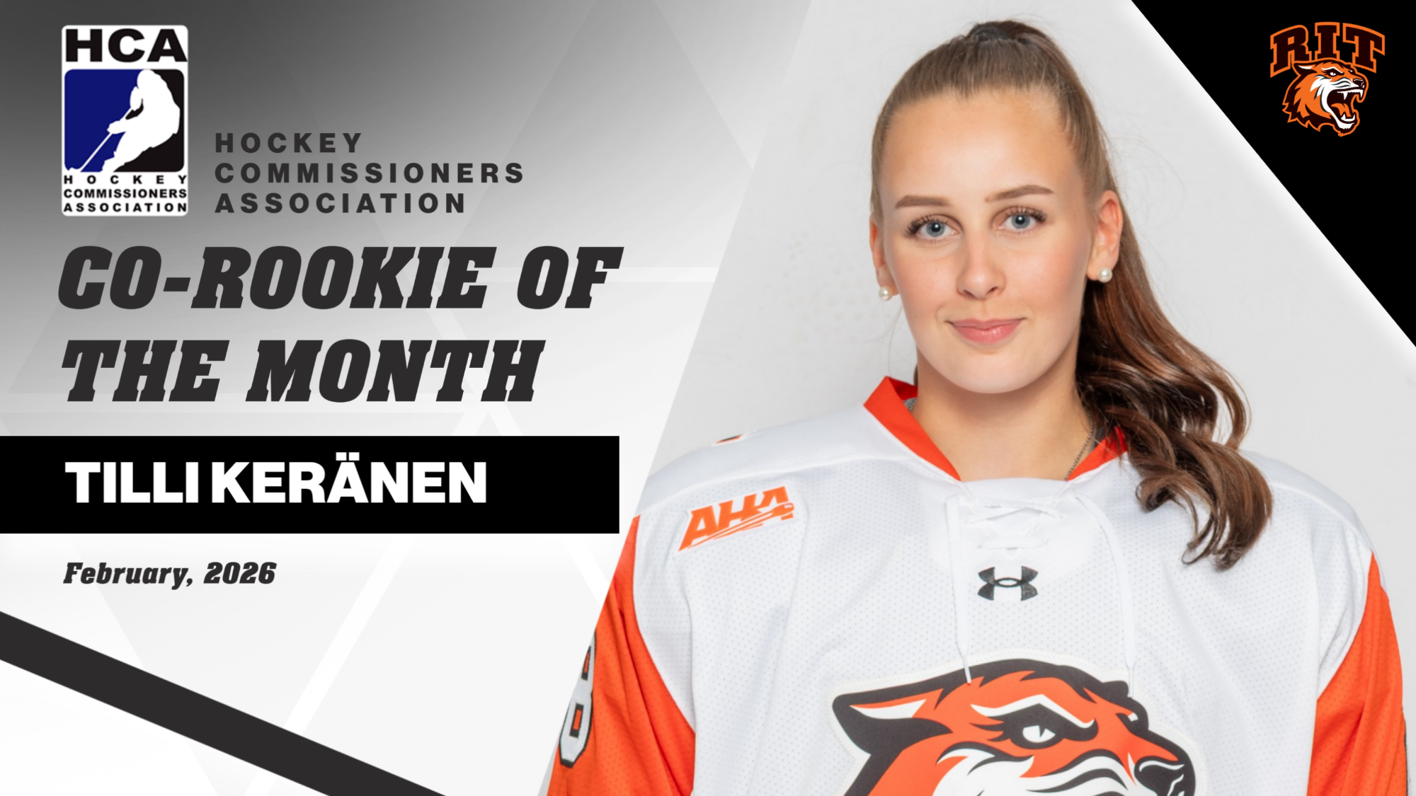A graphic announcing the HCA Rookie of the Month with a head shot of Tilli Keranen