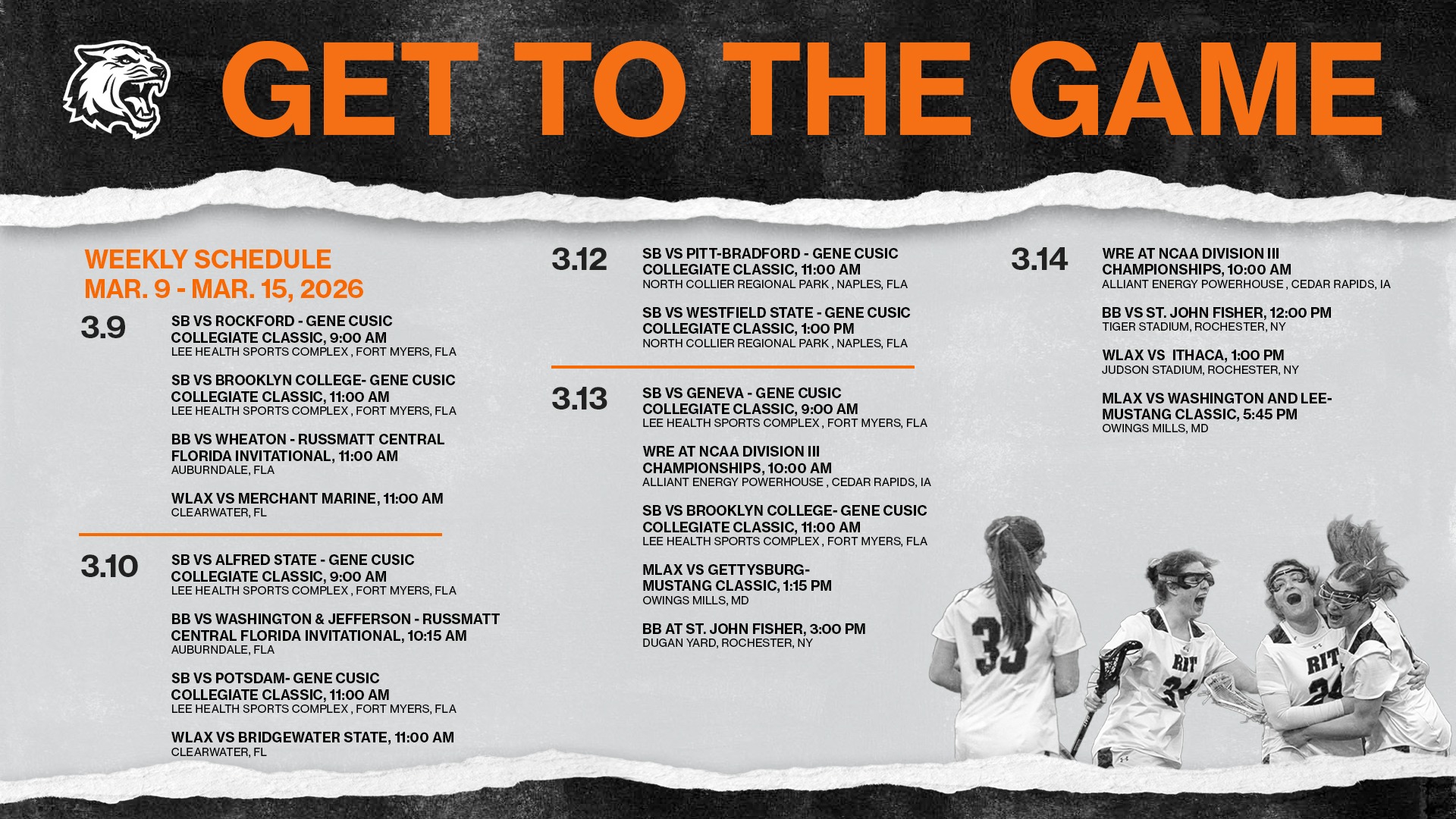 RIT athletics weekly schedule for March 9 through 15, 2026