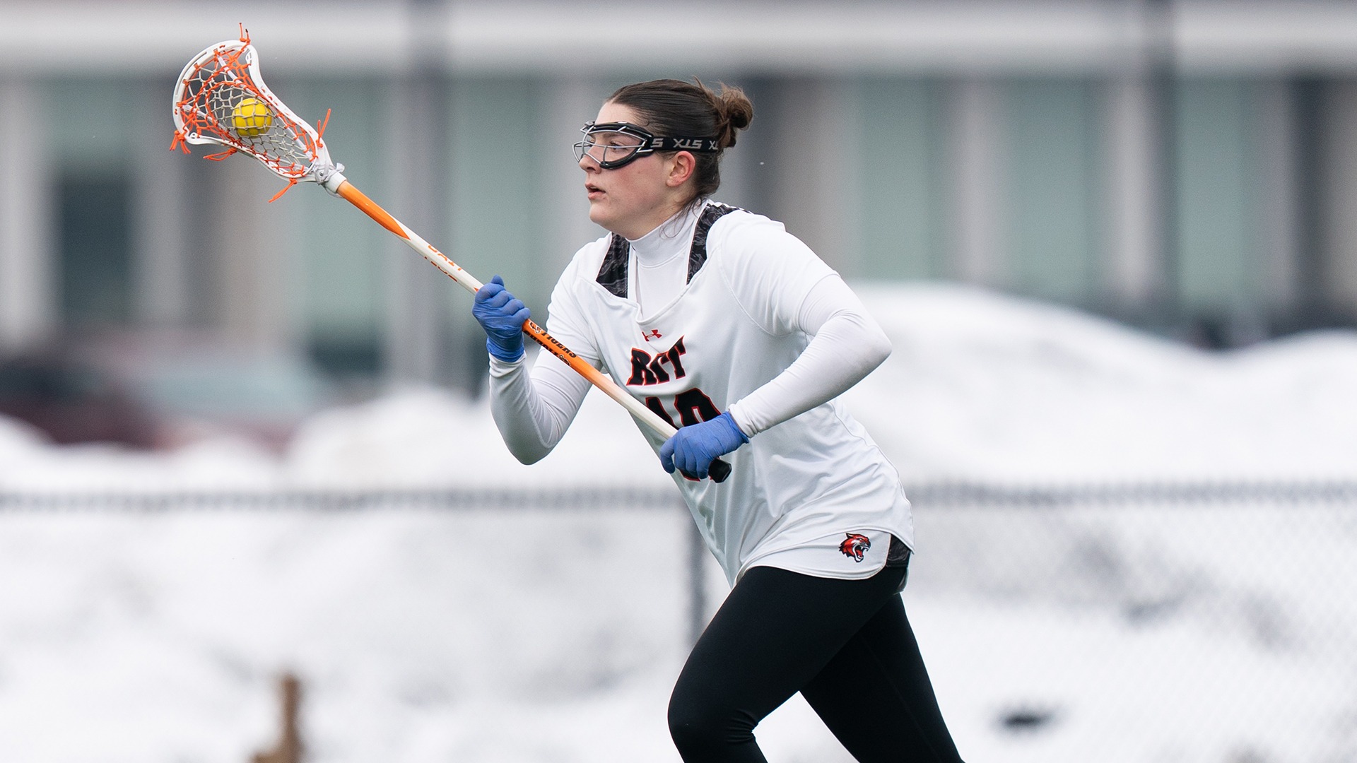 RIT's Grace Validzic, #19, runs down the field on February 25th, 2026, at Thomas Fearey Judson Jr. Stadium in Henrietta, New York. RIT Women’s Lacrosse defeated Nazareth University 16-3. (Colin Norland/RIT Sports Network).