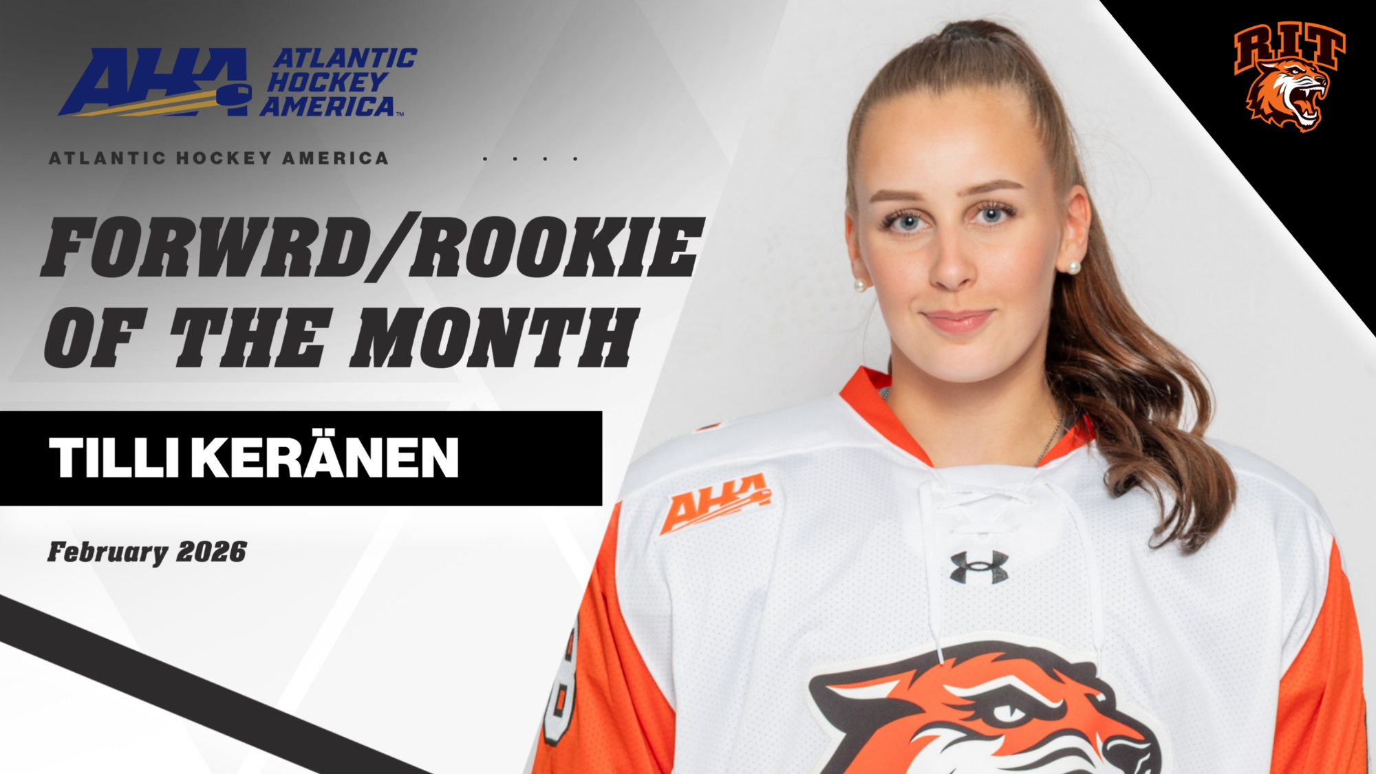 A graphic announcing AHA women's hockey monthly award winners with a head shot of Tilli Keranen