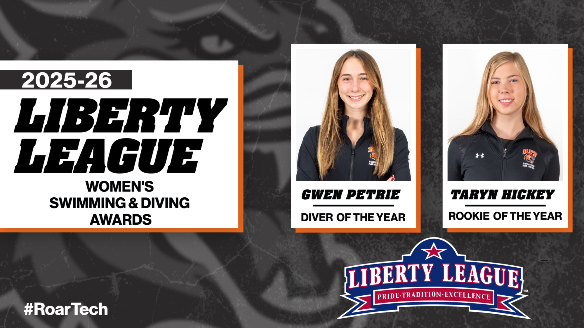 Two members of the RIT women's swimming & diving team earned major end of year awards from the Liberty League on April 2, 2026