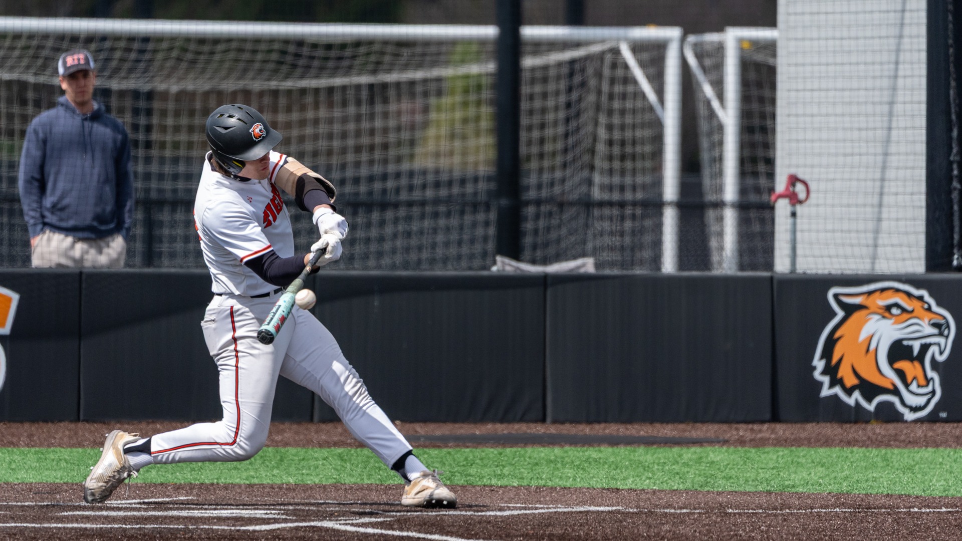 A batter hits the ball during the RIT Men’s Baseball game against Bard on Saturday, April 11, 2026, at RIT Baseball game vs. Bard. (Natasha Kaiser/RIT Sports Network).