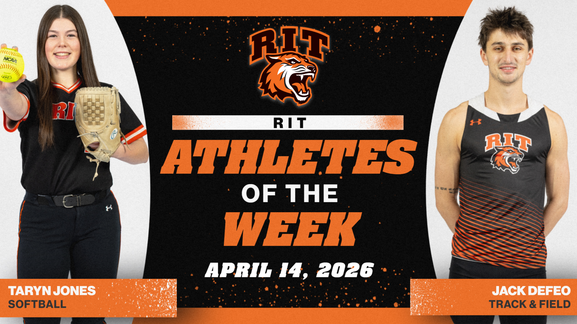 A graphic announcing this week's RIT Athletes of the week with posed shots of Taryn Jones and Jack DeFeo