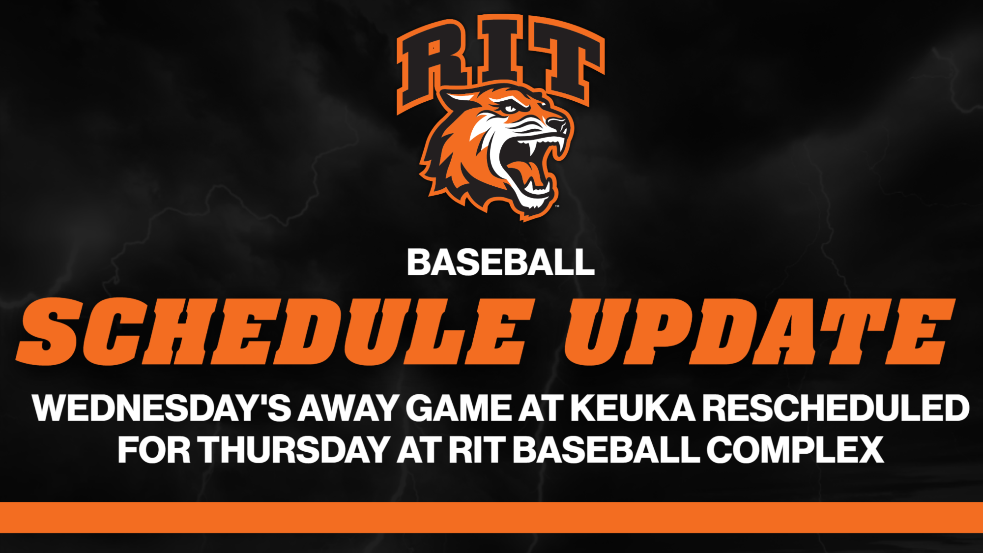 RIT baseball game at Keuka is moved to Thursday, April 16, 2026 and will be played at the RIT Baseball Complex