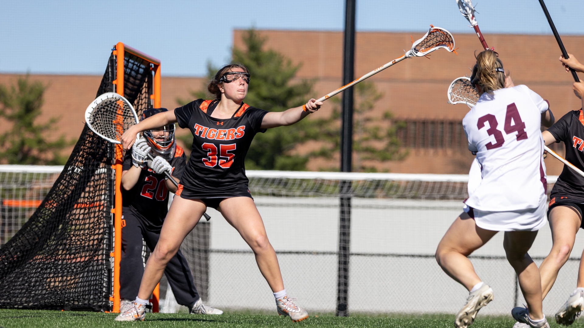 RIT’s Alice Nichter, #35, blocks their opponent from scoring a goal on Friday, April. 17, 2026, at Judson Stadium. RIT Women’s Lacrosse Game vs. Union College (Sophia Buonpane/RIT Sports Network)