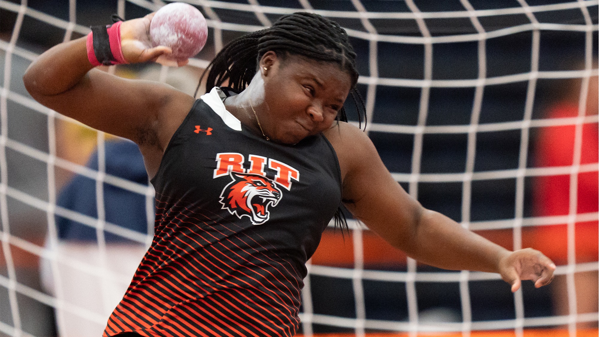 A member of the RIT Track and Field team throws on January 23rd, 2026, at Gordon Field House in Henrietta, New York. RIT Track and Field competes at the RIT Invite at home. (Colin Norland/RIT Sports Network).