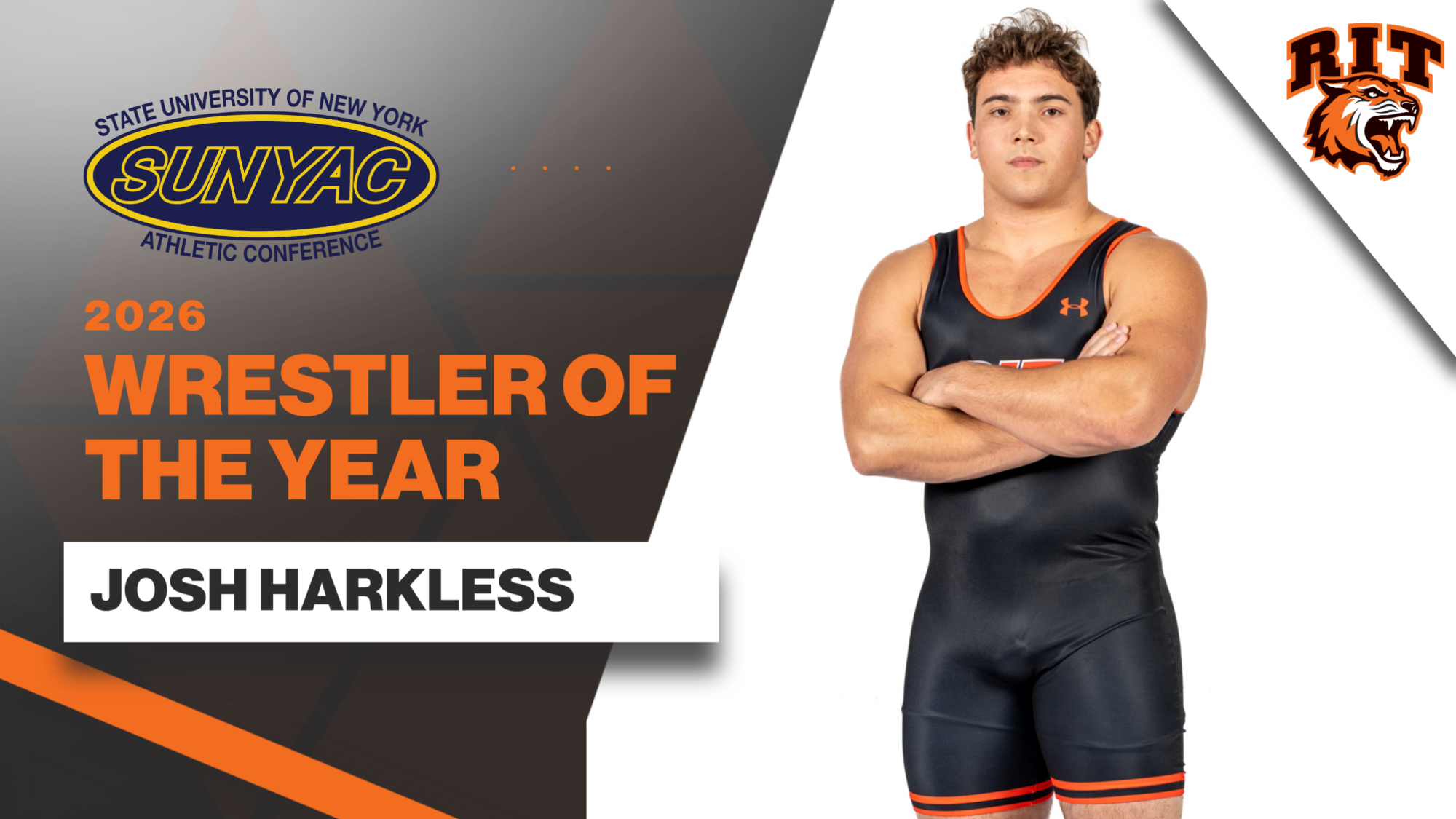 A graphic announcing Josh Harkless as the 2026 SUNYAC Wrestler of the Year
