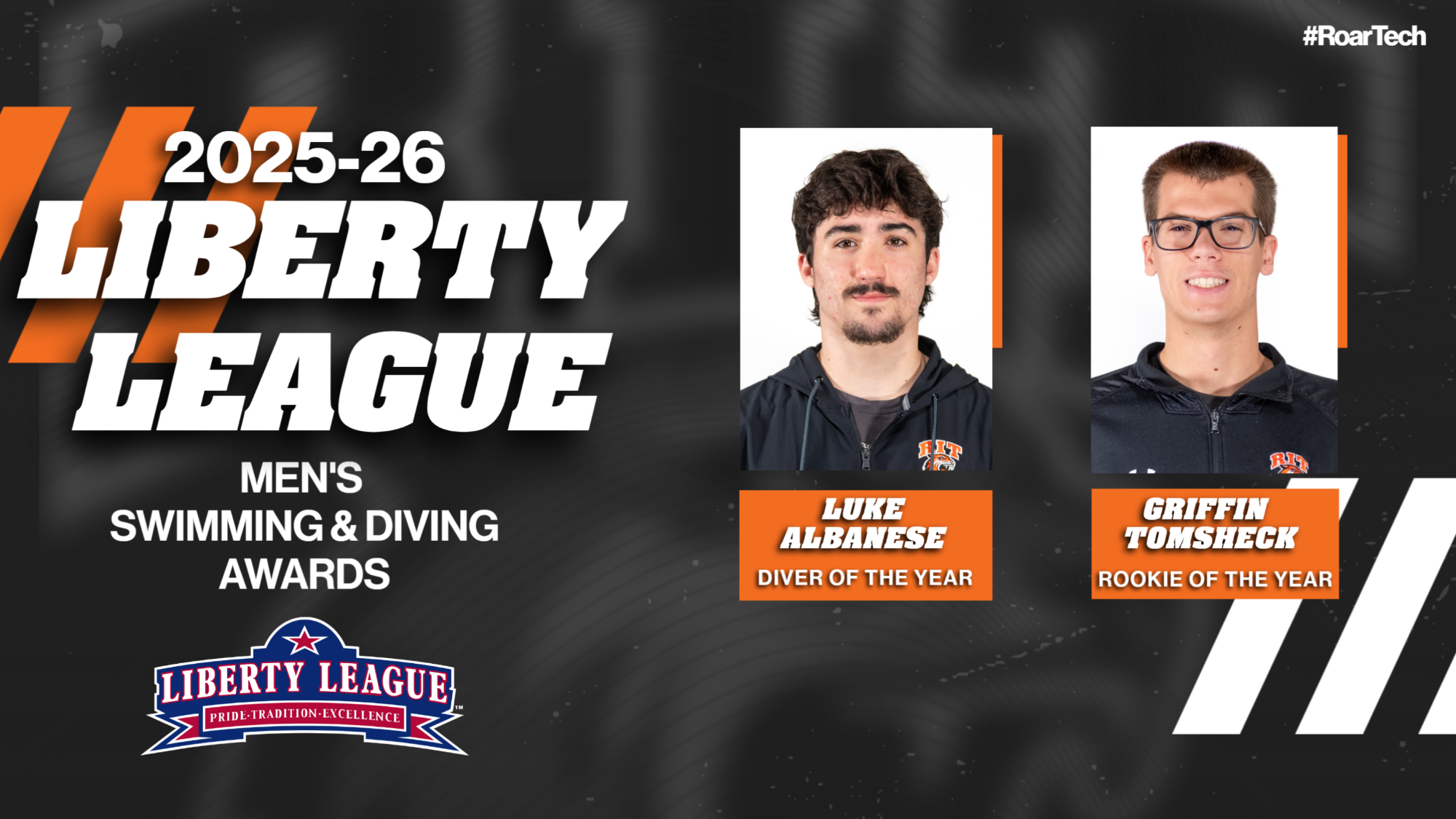 Two members of the RIT men's swimming & diving team earned major end of year awards from the Liberty League on April 2, 2026