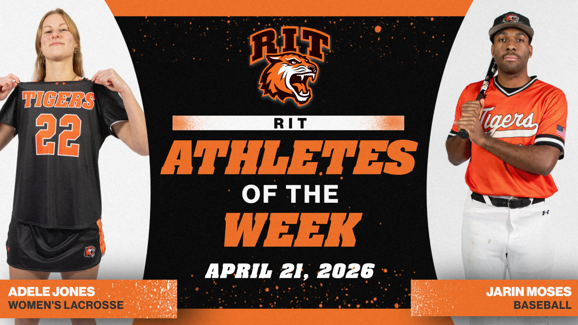 A graphic announcing the RIT Athletes of the Week for April 21 with posed shots of Adele Jones and Jarin Moses