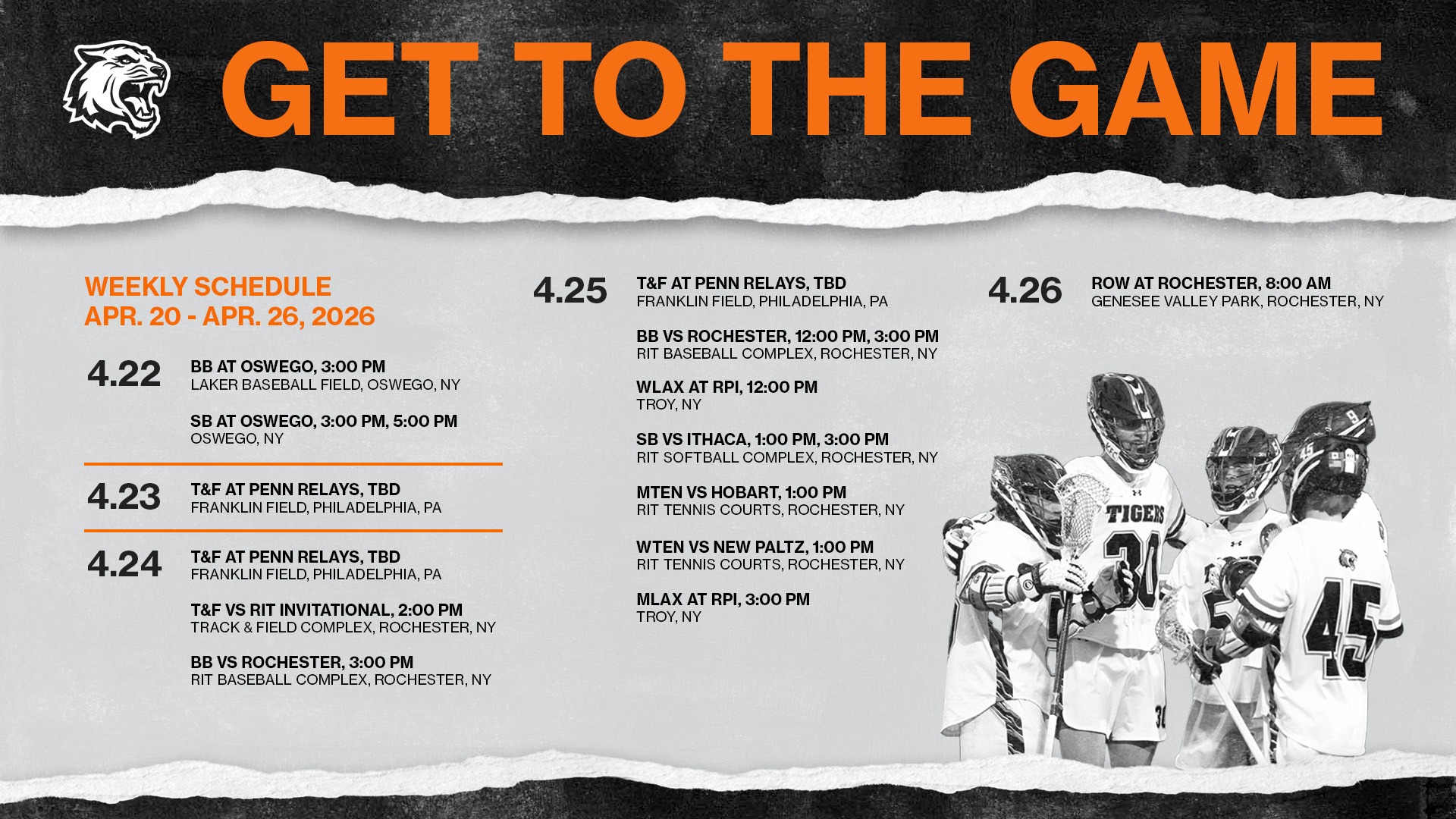 Upcoming RIT athletics schedule for the week of April 20 through 26, 2026