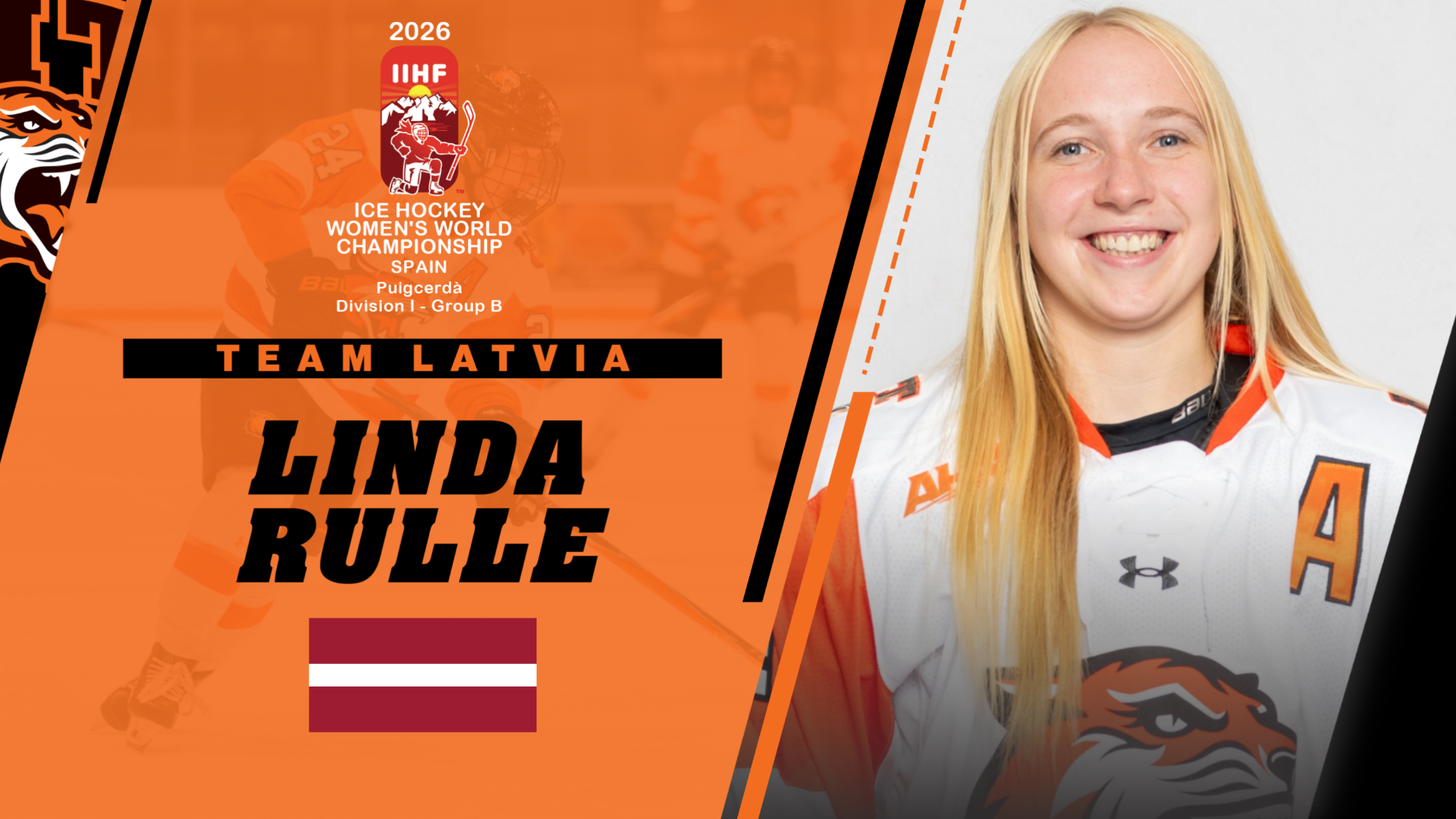 A graphic with an action shot and head shot of Linda Rulle playing in IIHF World Championships