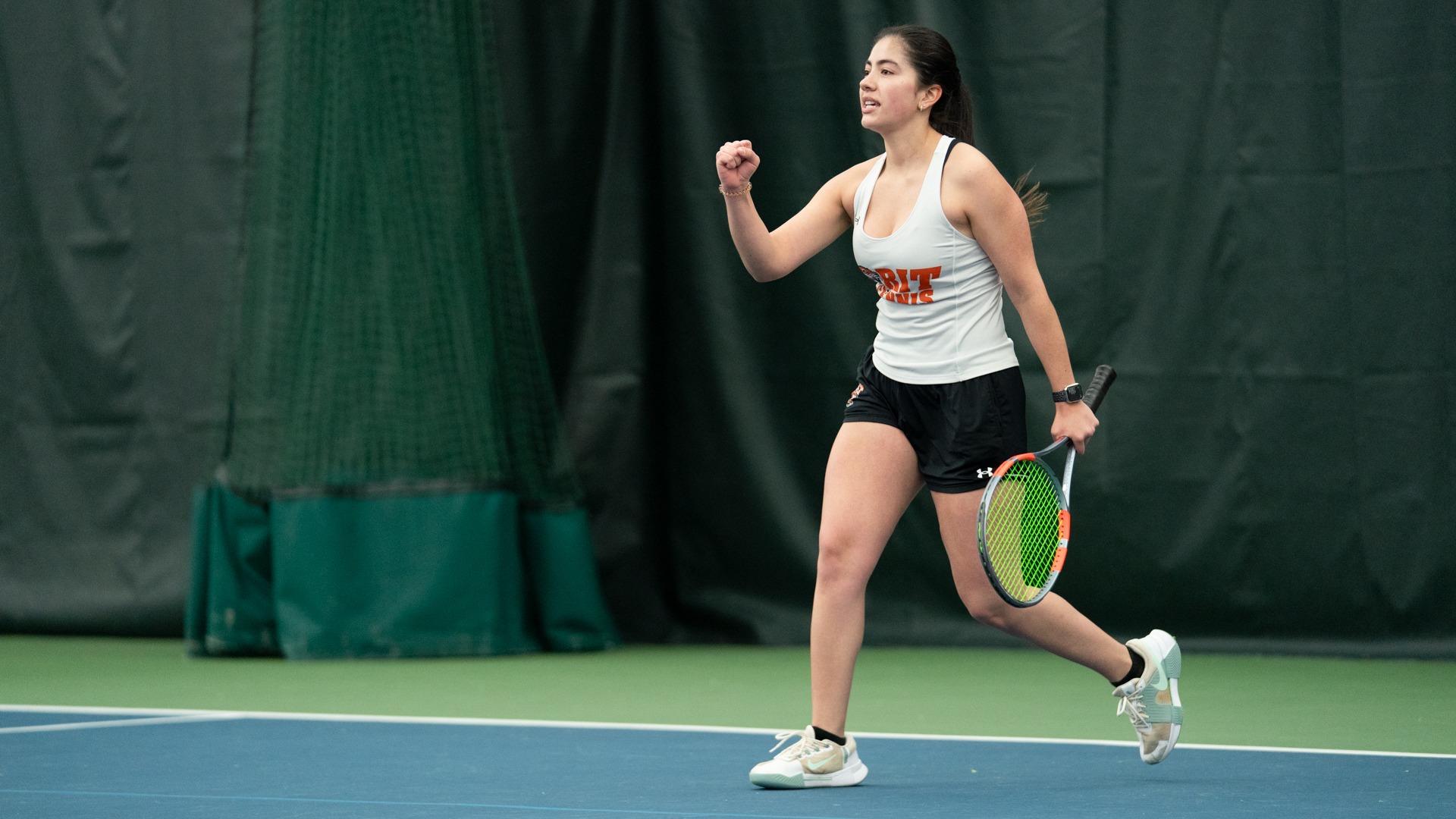 RIT’s Melanie Saborio celebrates on April 25th, 2026, at Midtown Athletic Club in Brighton, New York. RIT Women’s Tennis played New Paltz. (Colin Norland/RIT Sports Network).