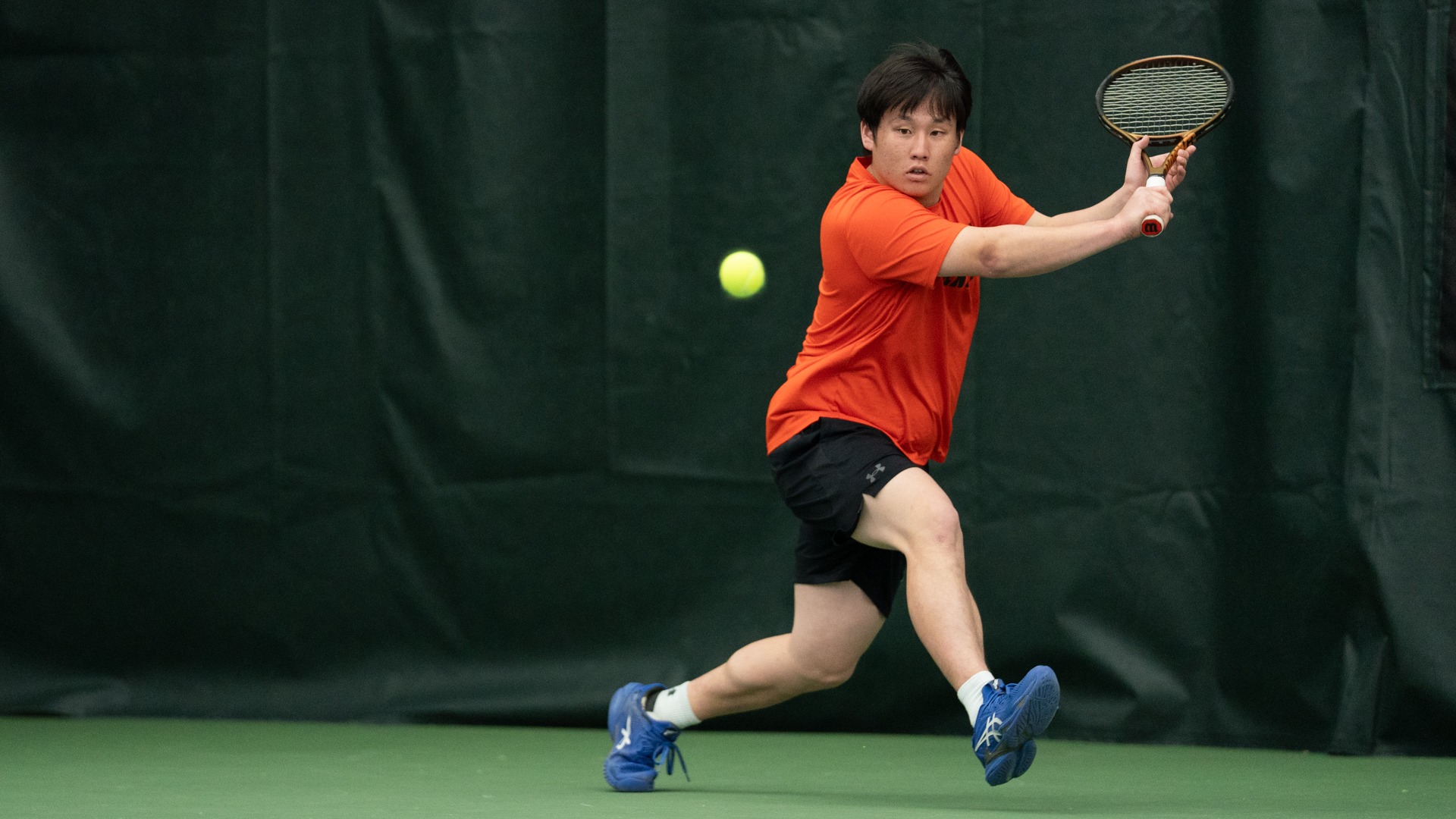 RIT’s You Tanimoto hits the ball on April 25th, 2026, at Midtown Athletic Club in Brighton, New York. RIT Mens Tennis played Hobart. (Colin Norland/RIT Sports Network).