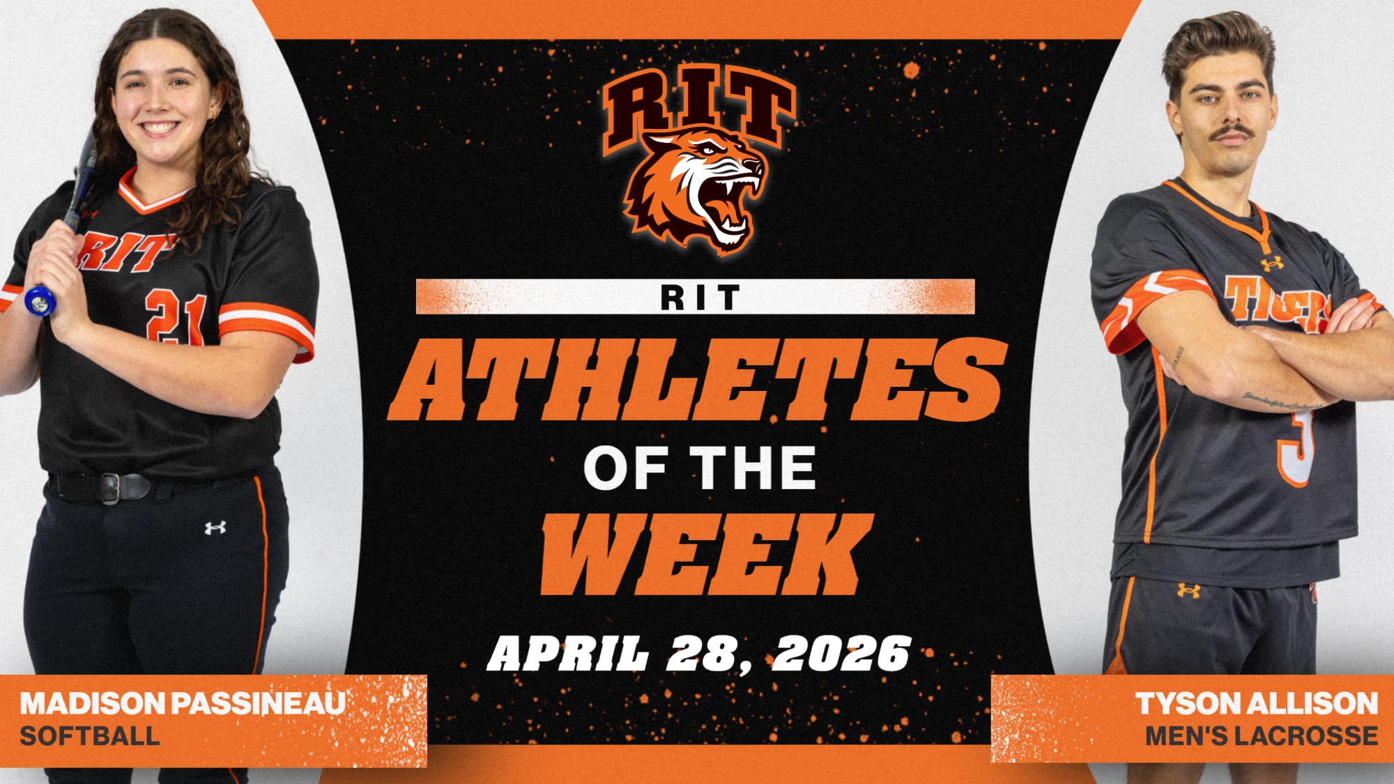 A graphic announcing the RIT Athlete's of the Week for April 28 with posed shots of Madison Passineau and Tyson Allison