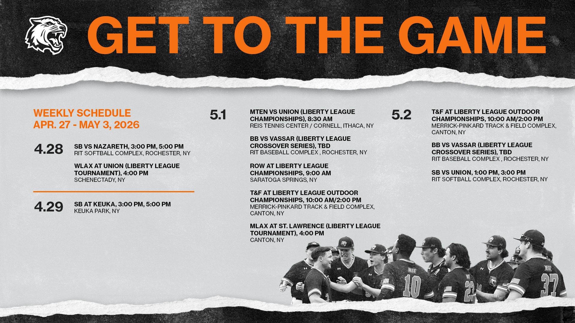 RIT athletics scheduled for the week of April 27 through May 3, 2026