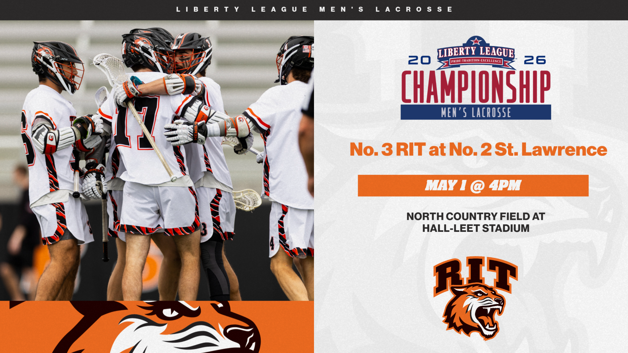 A graphic announcing Liberty League men's lacrosse tournament game with a photo of the Tigers celebrating