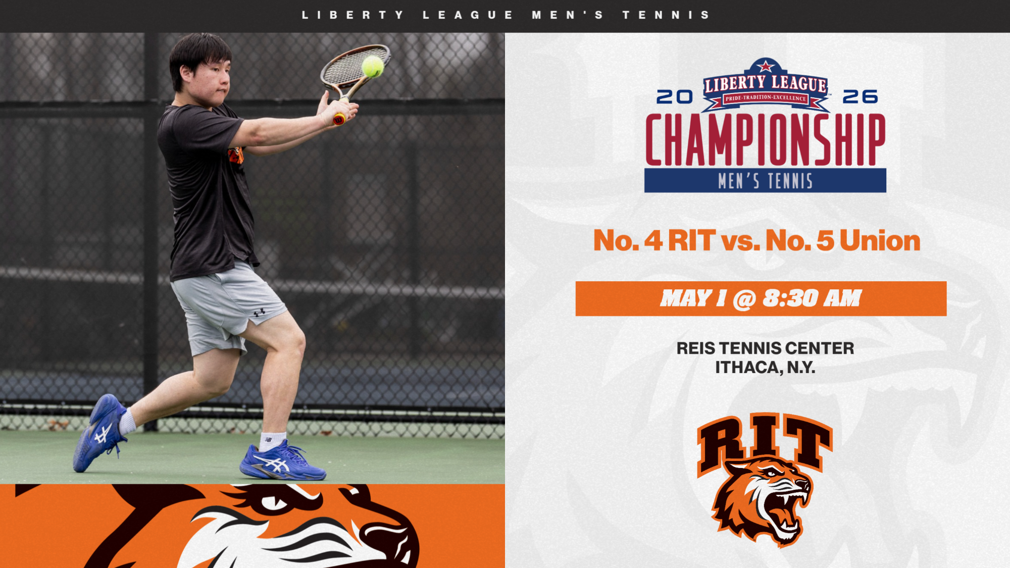 A graphic promoting Liberty Men's Tennis Tournament with an action shot of Yu Tanimoto hitting a back hand