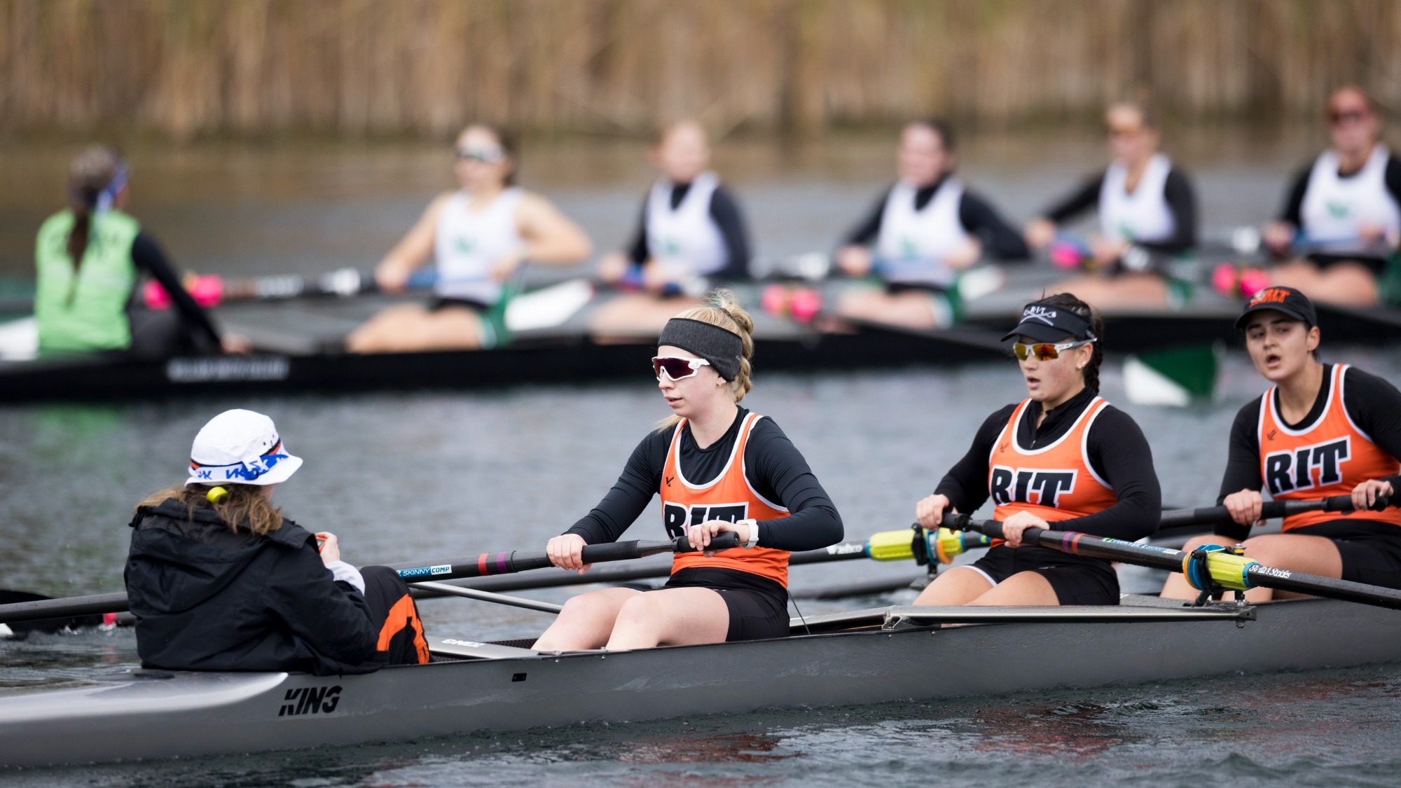 RIT rowing at Hobart and William Smith’s Challenge on the Canal on Saturday, Oct. 25, 2025 at Miltenberger and Bennett-Hooper Rowing Center in Geneva, N.Y. RIT mens and womens rowing. (Rebecca Villagracia/RIT Sports Network)