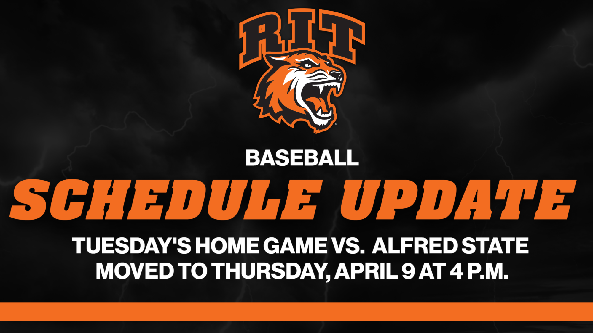 Tuesday's RIT baseball home game against Alfred State is moved to Thursday, April 9 at 4 p.m.