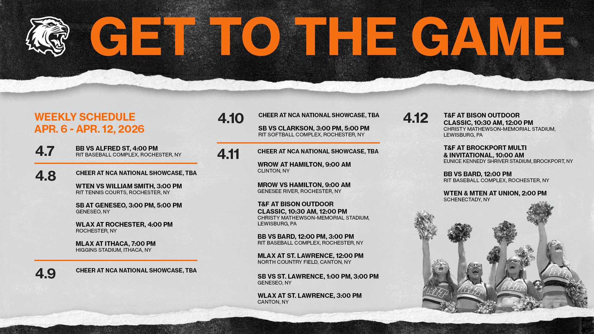 Upcoming schedule for RIT athletics for the week of April 6 through 12, 2026