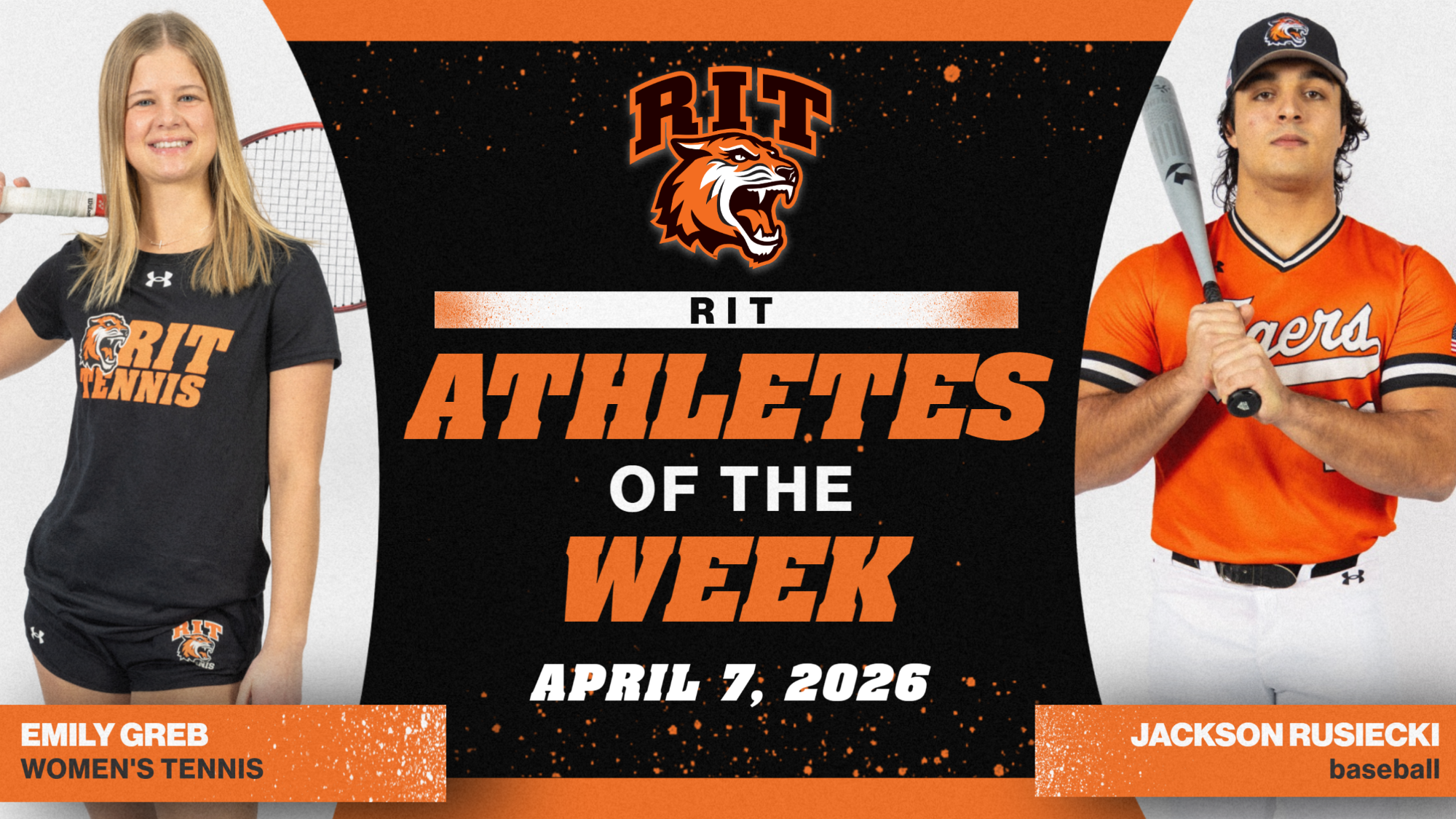 A graphic announcing RIT's Athletes of the Week with posed shots of Emily Greb and Jackson Rusiecki