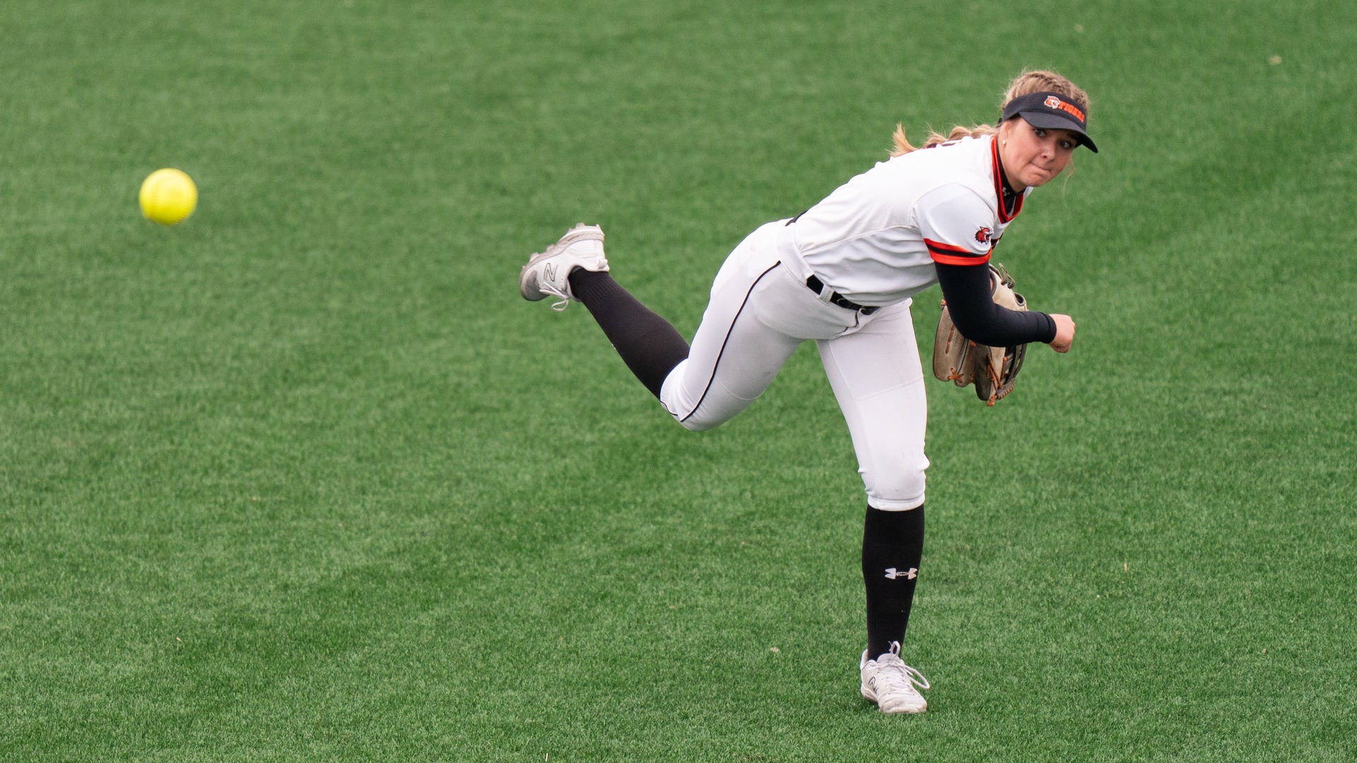 RIT’s #4 Carlianna Ewing throws back to the pitcher on March 25th, 2026, at the RIT Softball Complex in Henrietta, New York. RIT Softball defeats St John Fisher 3-2. (Colin Norland/RIT Sports Network).