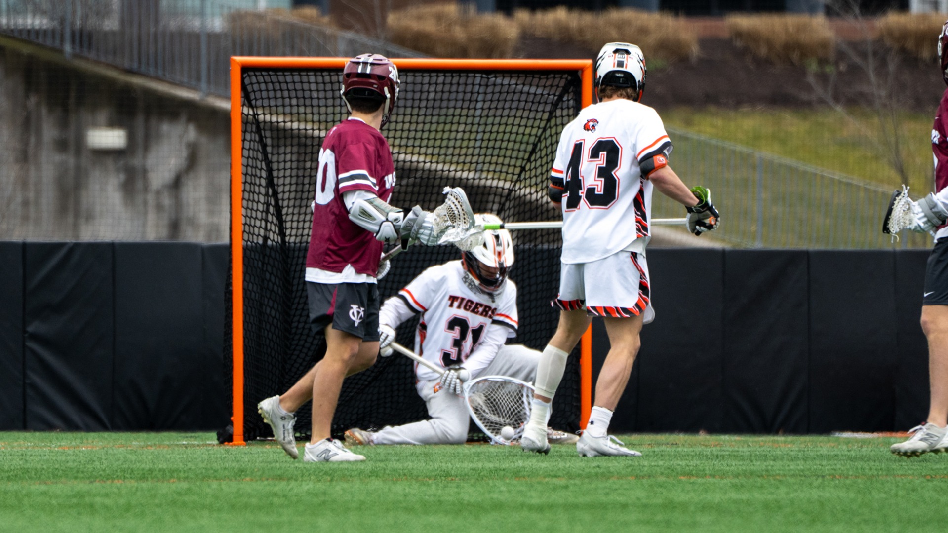RIT's Alex Zborowski, #31,  makes a save during the RIT Men's Lacrosse game against  Vassar on Saturday, March 21, 2026, at {Doug May Field. RIT Men's Lacrosse game vs. Vassar. (Natasha Kaiser/RIT Sports Network).