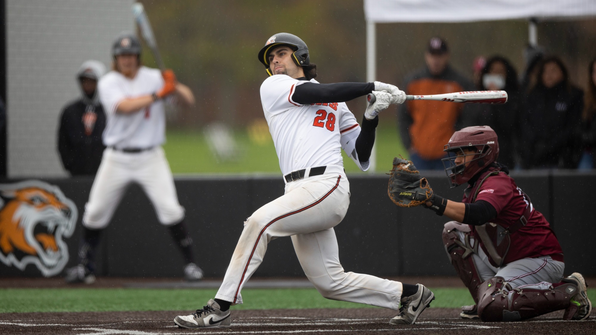 RIT's Roberto Reade, #28 bats on Friday, May 1, 2026 at RIT Baseball Complex in Henrietta, N.Y. The RIT baseball team defeated Vassar 7-3 in the first game of the Liberty League Crossover series. (Rebecca Villagracia/RIT Sports Network)