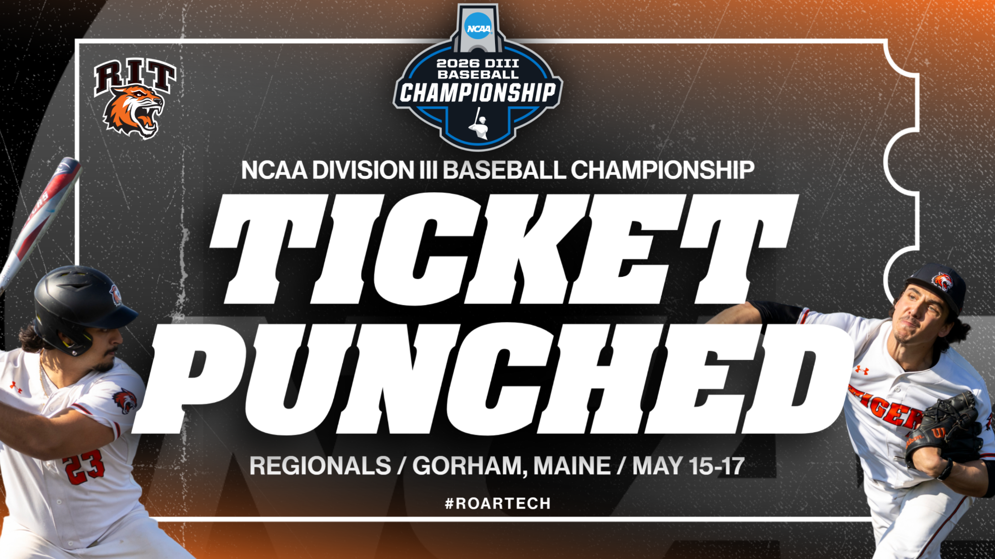 RIT baseball will play in the NCAA Division III National Championship regional in Gorham, Maine Friday, May 15 through Sunday, May 17, 2026