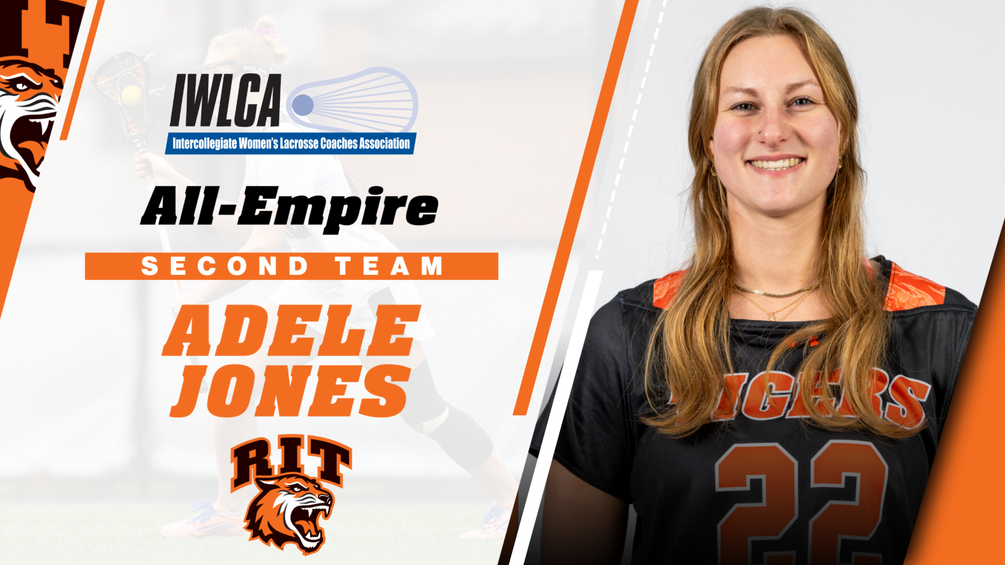 A graphic announcing Adele Jones being named to IWLCA All-Empire Region team with a head shot of Jones