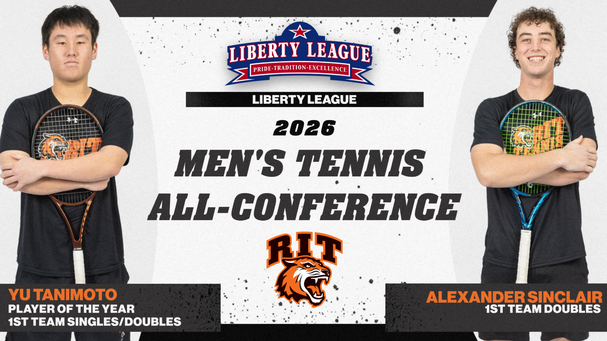 A graphic announcing 2026 Liberty League Men's Tennis All-Conference team with posed shots of Yu Tanimoto and Alexander Sinclair
