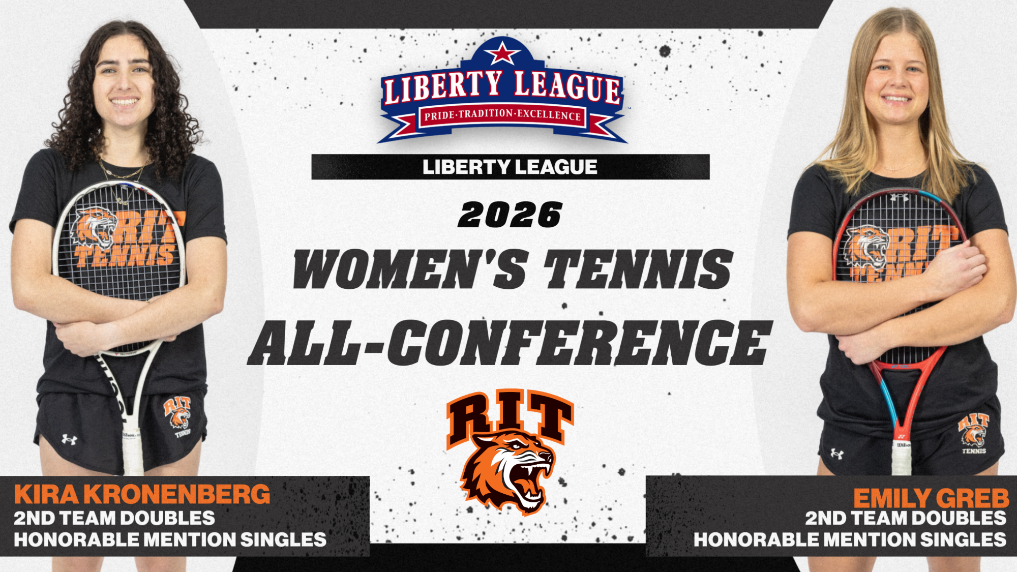 A graphic announcing the 2026 LL Women's Tennis All-Conference selections with posed shots of Kronenberg and Greb