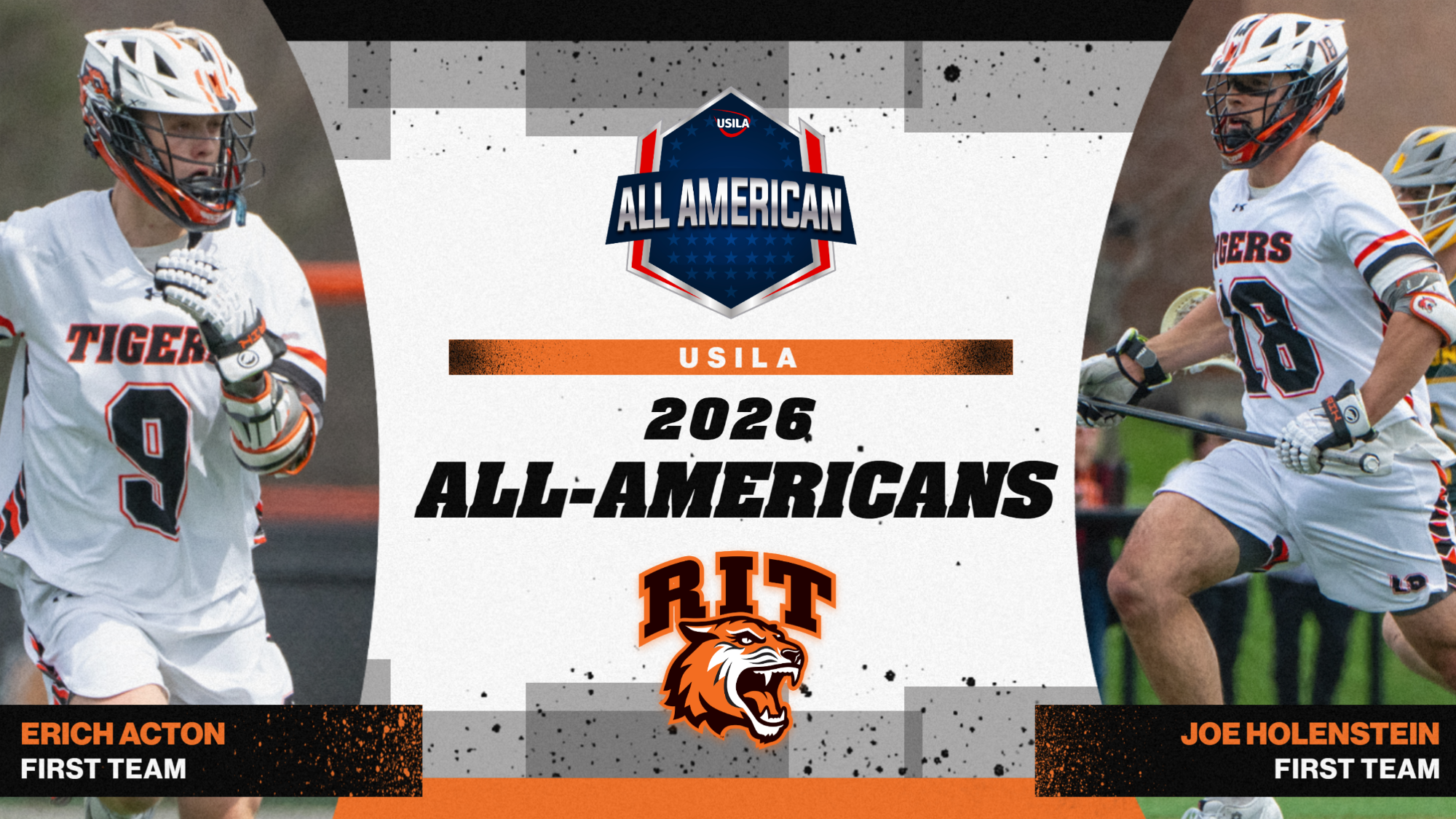 A graphic announcing 2026 USILA All-Americans with action shots of Erich Acton and Joe Holenstein