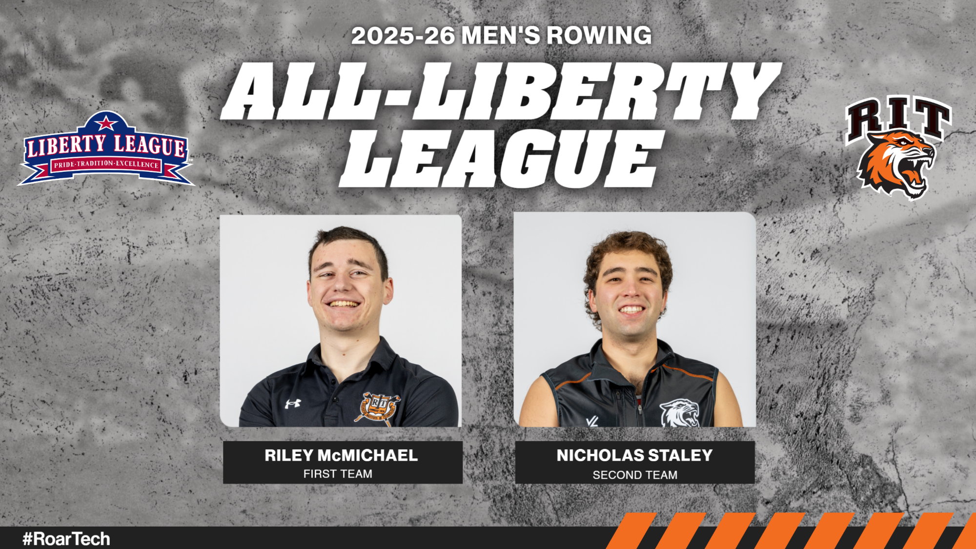 Two RIT men's rowers have been named the the 2025-26 Men's Rowing All-Liberty League Team