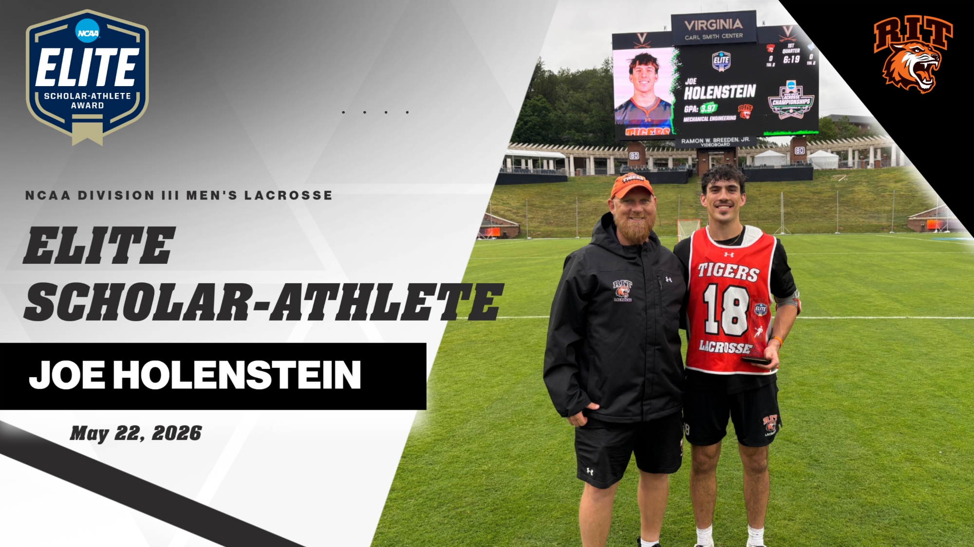 A graphic announcing Joe Holestein as Elite Scholar-Athlete with a photo of Joe and Coach Coon