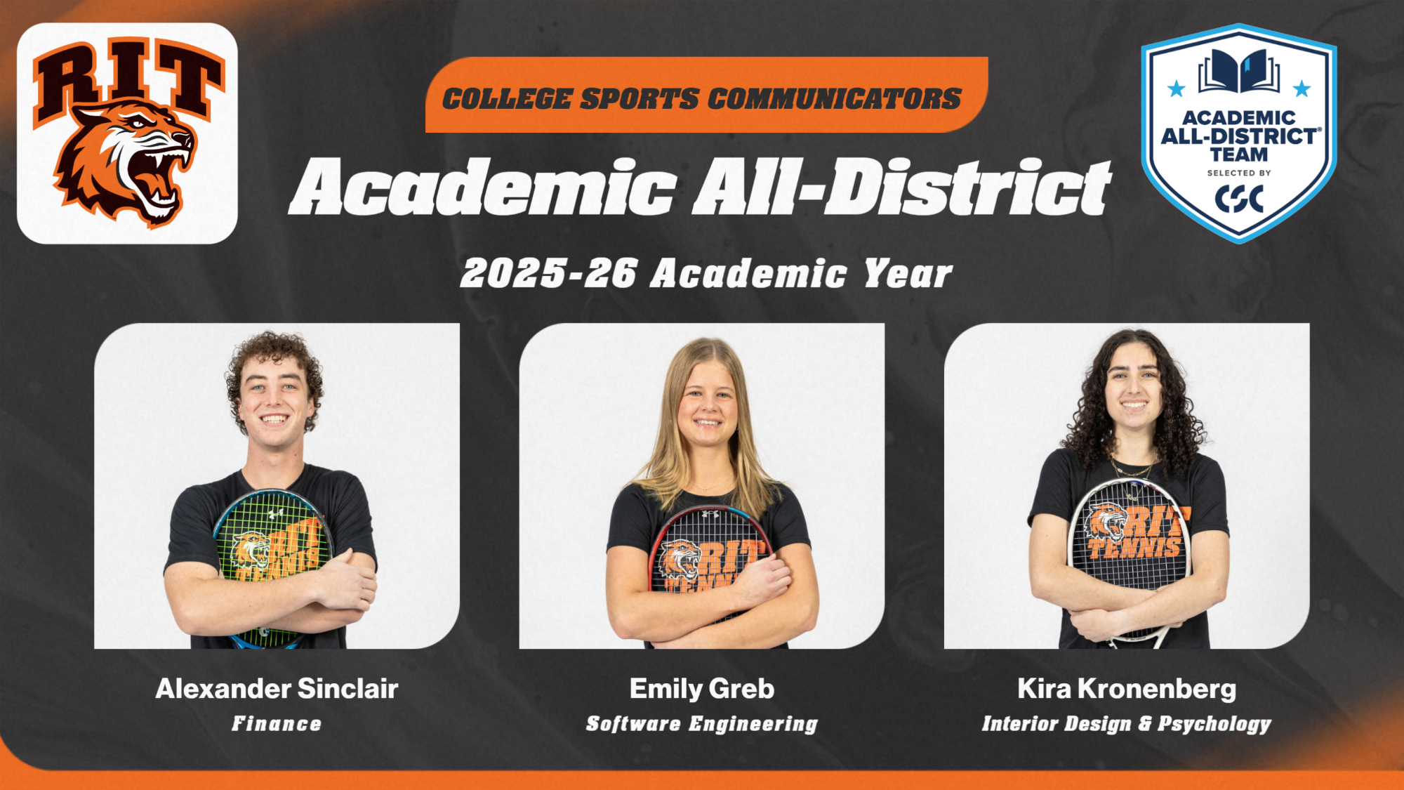 A graphic announcing 2025-26 CSC All-District Tennis Players