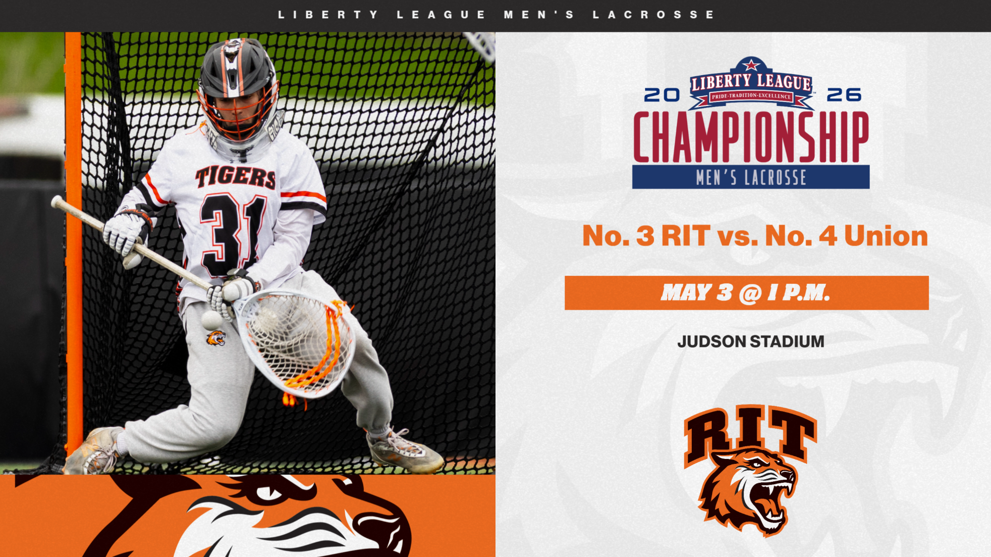 A graphic promoting Men's Lacrosse game vs. Union with an action shot of Alex Zborowski making a save