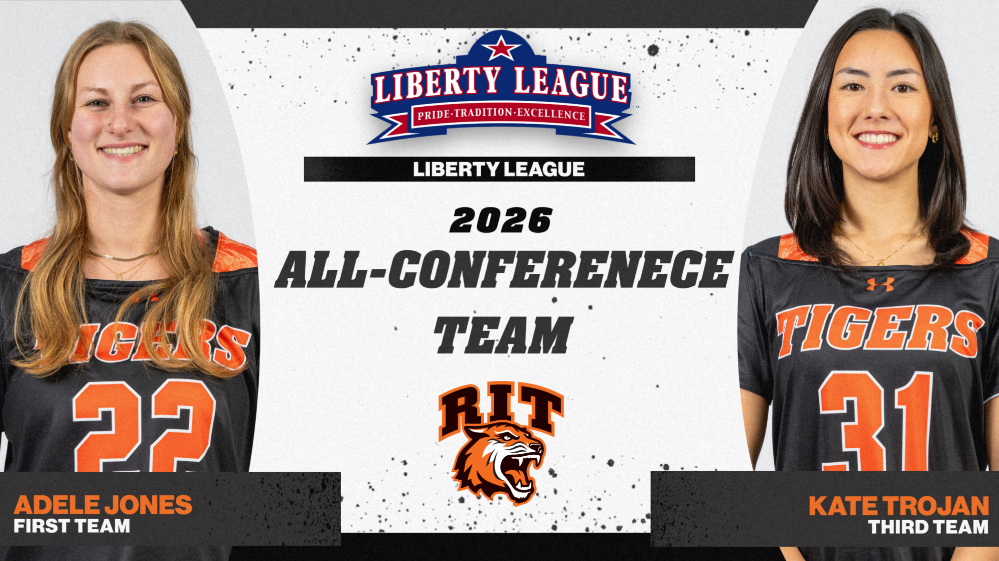 A graphic with head shots of Adele Jones and Kate Trojan announcing 2026 All-Liberty League women's lacrosse team