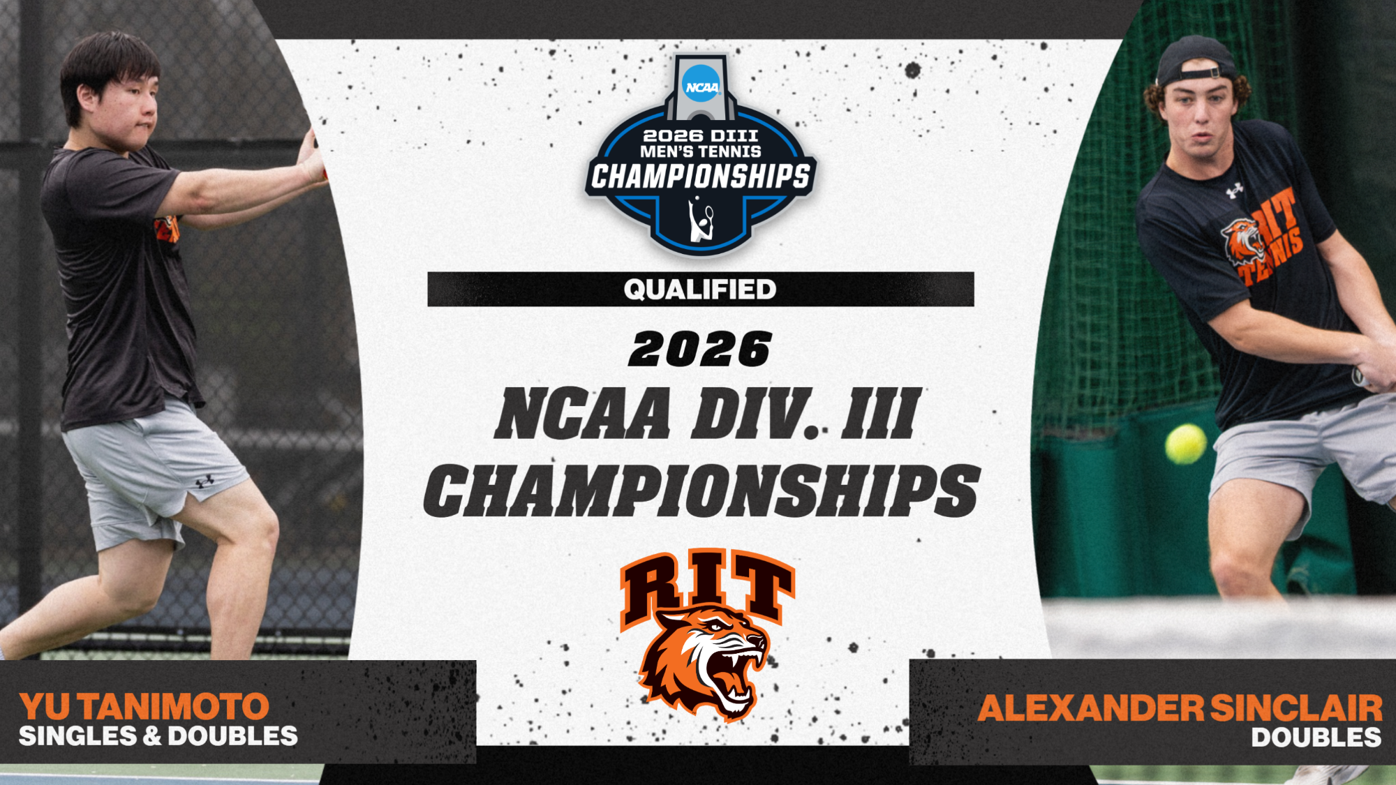 A graphic with action shots of Yu Tanimoto and Alexander Sinclair announcing men's tennis players qualifying for NCAA's