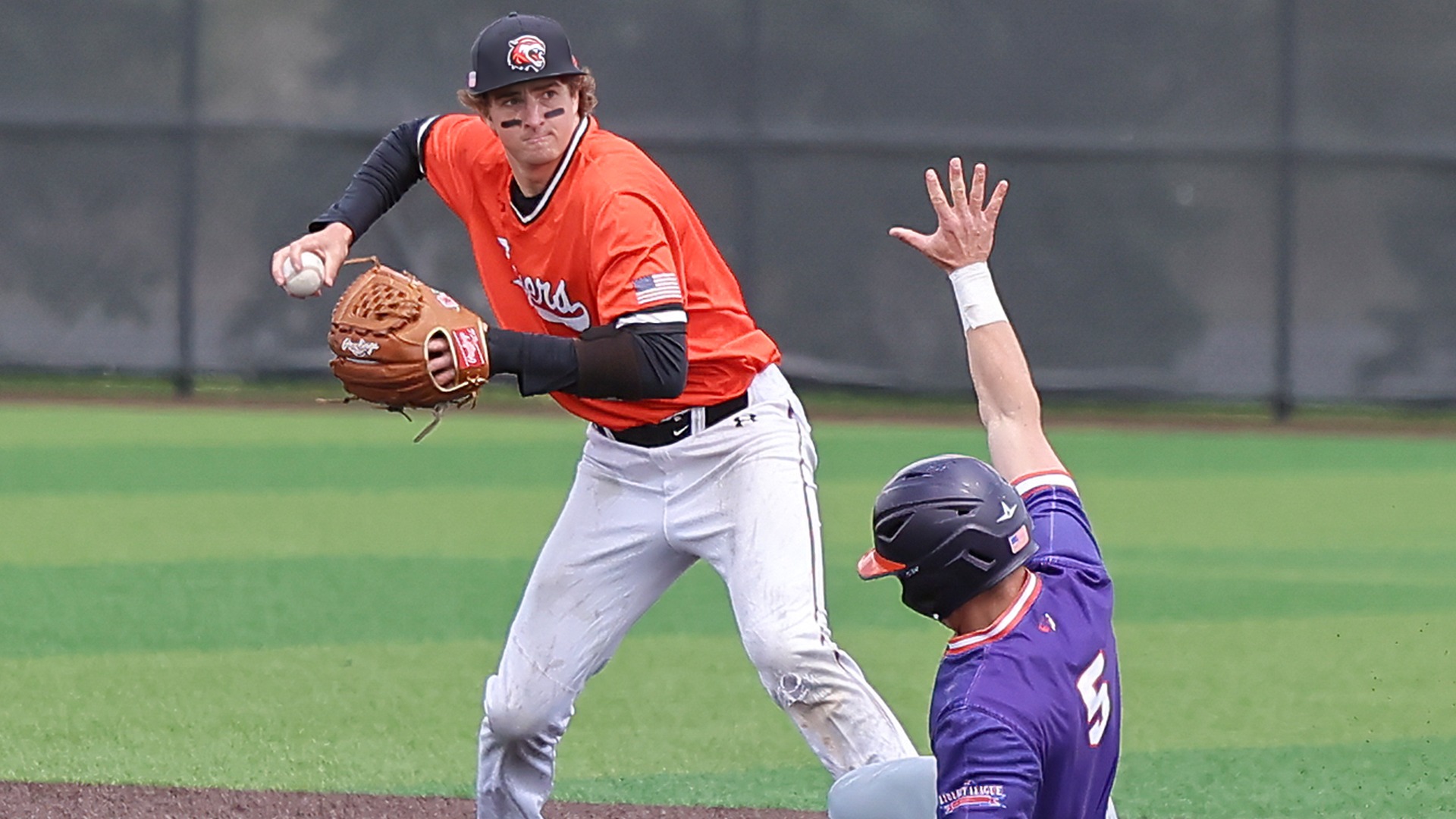 A RIT baseball player looks to turn a double play in a game against Hobart in the Liberty League tournament on Friday, May 8, 2026