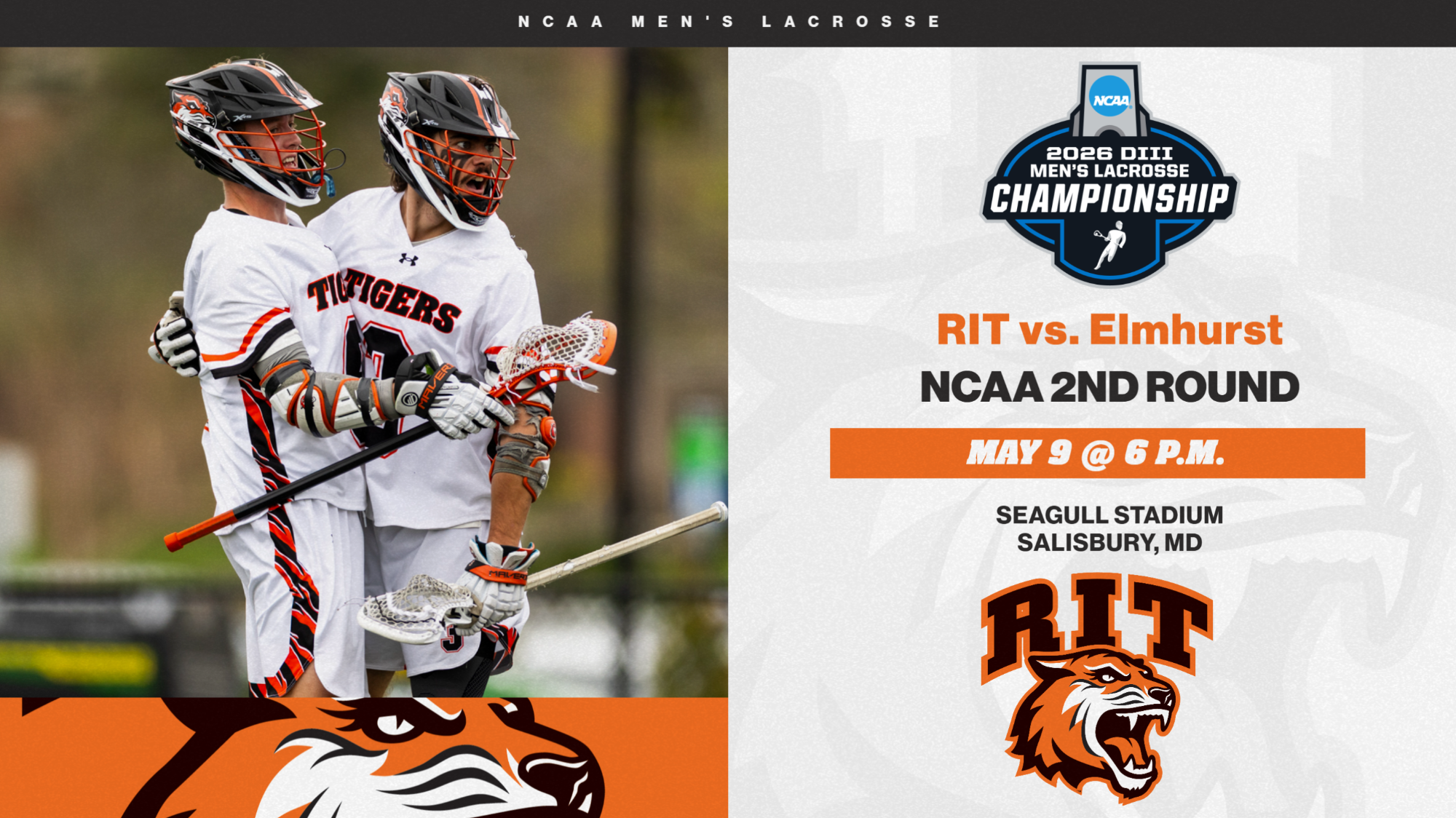 MLAX_NCAA_2nd3rd_2026 Graphic with a photo of two Tigers celebrating a goal