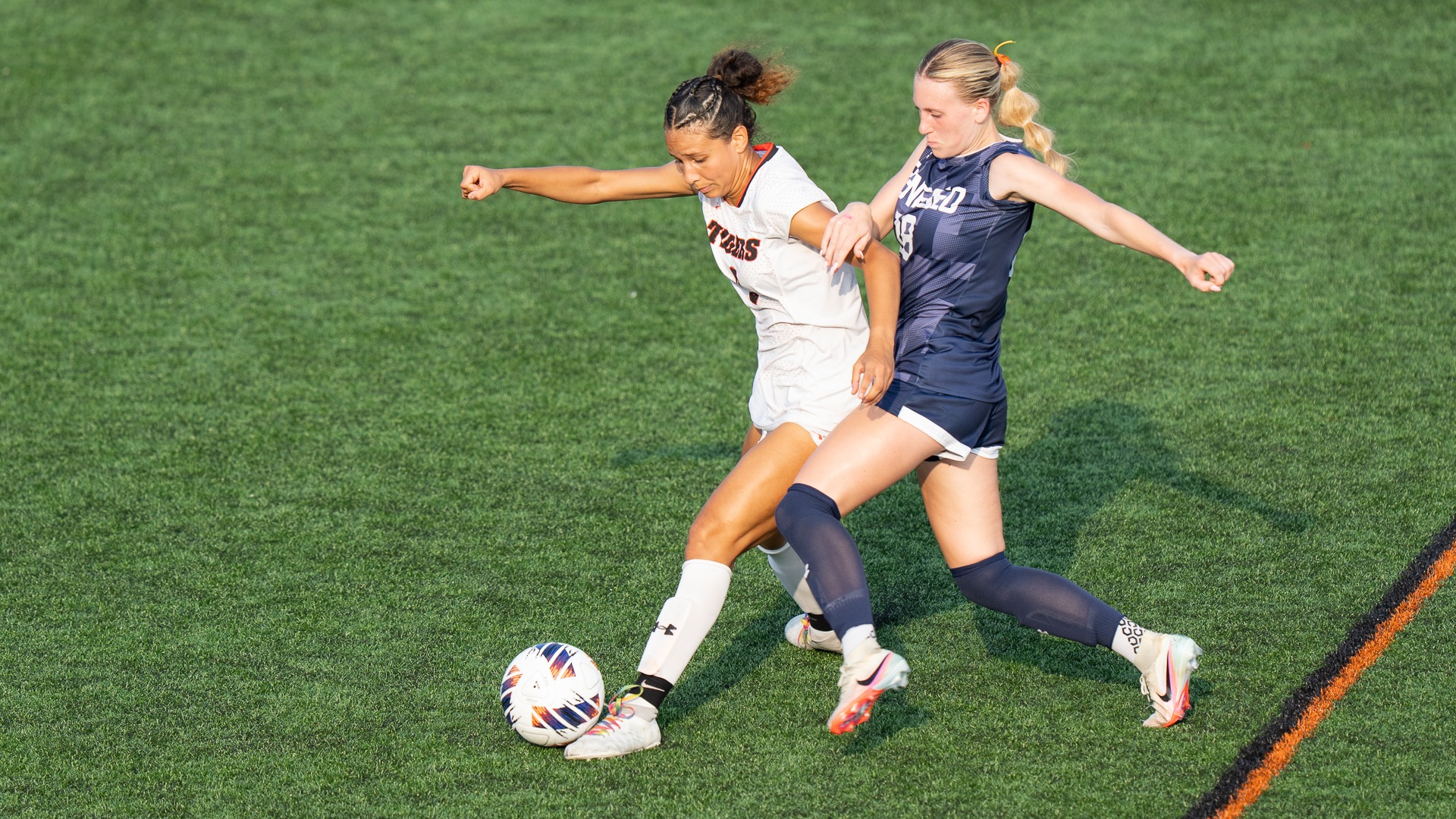 RIT's Eli Gonzalez, #9, fights for a ball during the second half of a match against Geneseo on Tuesday, Sept. 1, 2026, at Thomas Fearey Judson Jr. Stadium. RIT Athletics / Colin Norland.