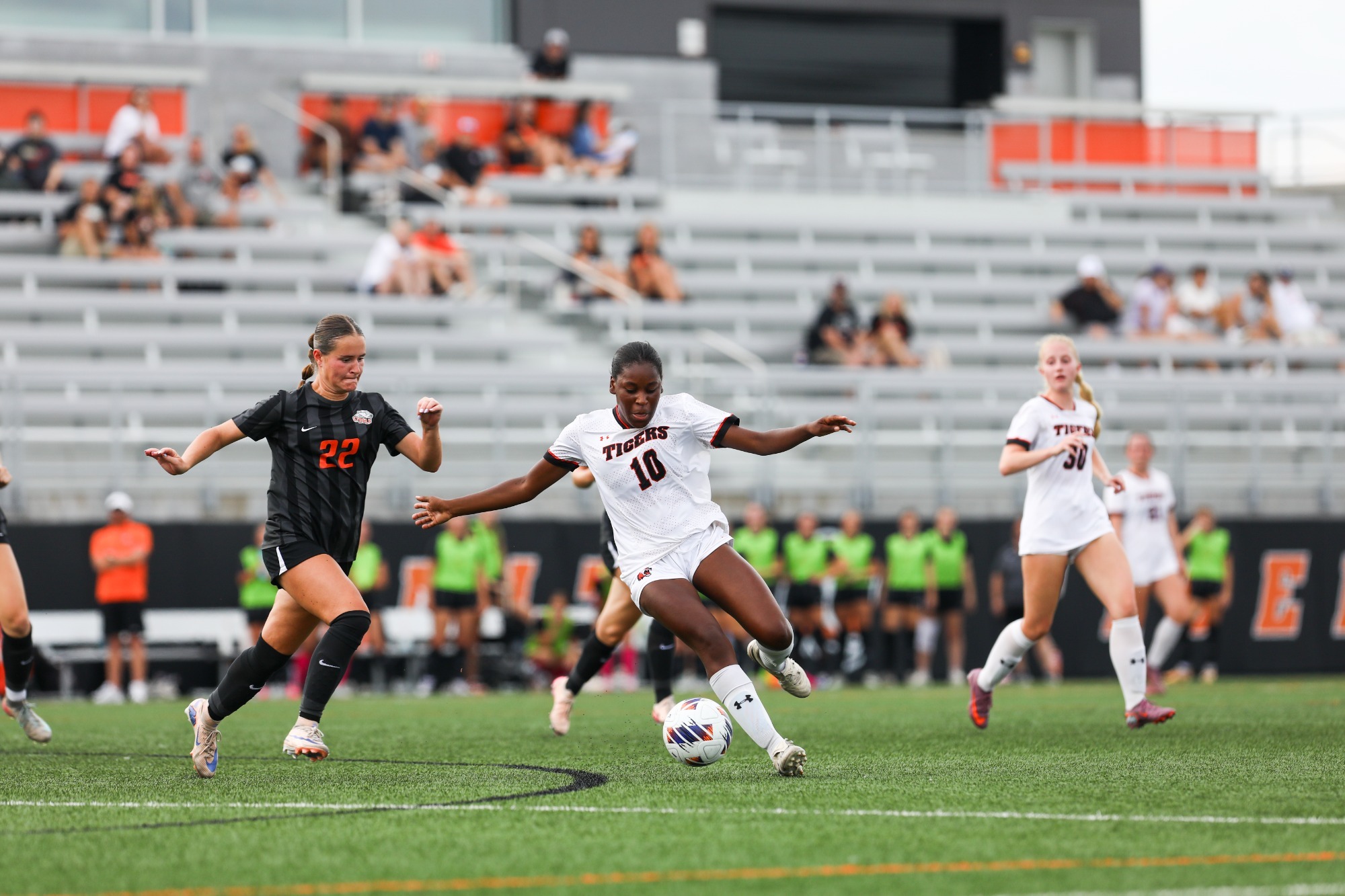 RIT’s Amerie Mills attempts to lose the defender on Saturday, Sept. 12, 2026, at Judson Stadium. RIT falls to Ohio Northern 2-1. RIT Athletics / Chance Parker.