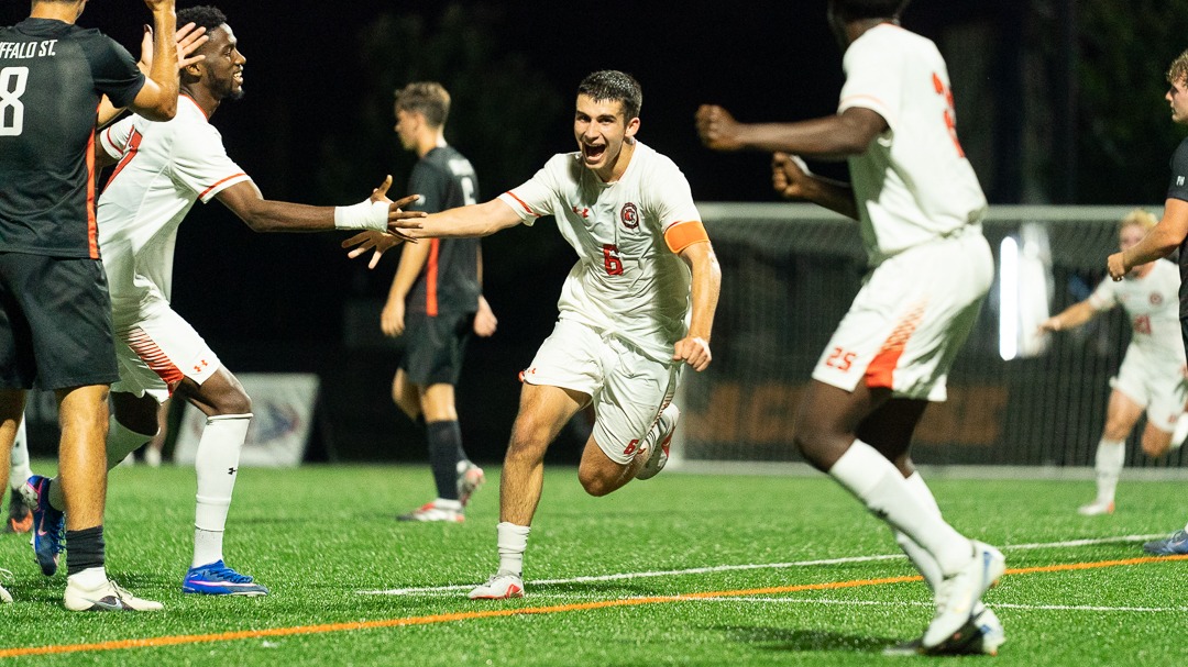 RIT's Constantine Santacroce, #6, yells in celebration after scoring on Wednesday, Sept. 16, 2026, at Thomas Fearey Judson Jr. Stadium. RIT Athletics / Colin Norland.