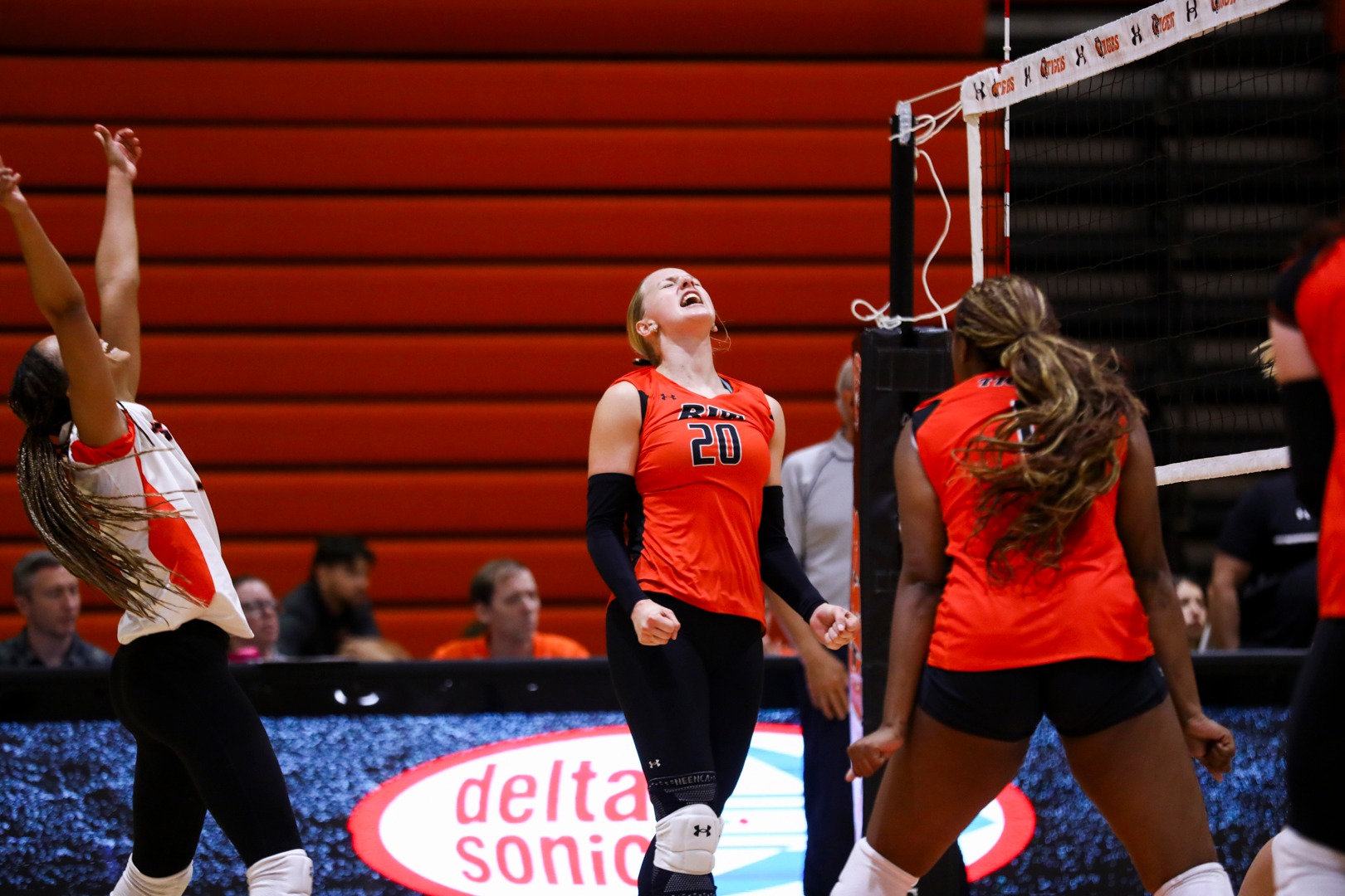 RIT’s Mia Gerber is jubilant against St. John Fisher on Saturday, Sept. 19, 2026, at Clark Gymnasium. RIT fell 3-1 against St. John Fisher. RIT Athletics / Chance Parker.