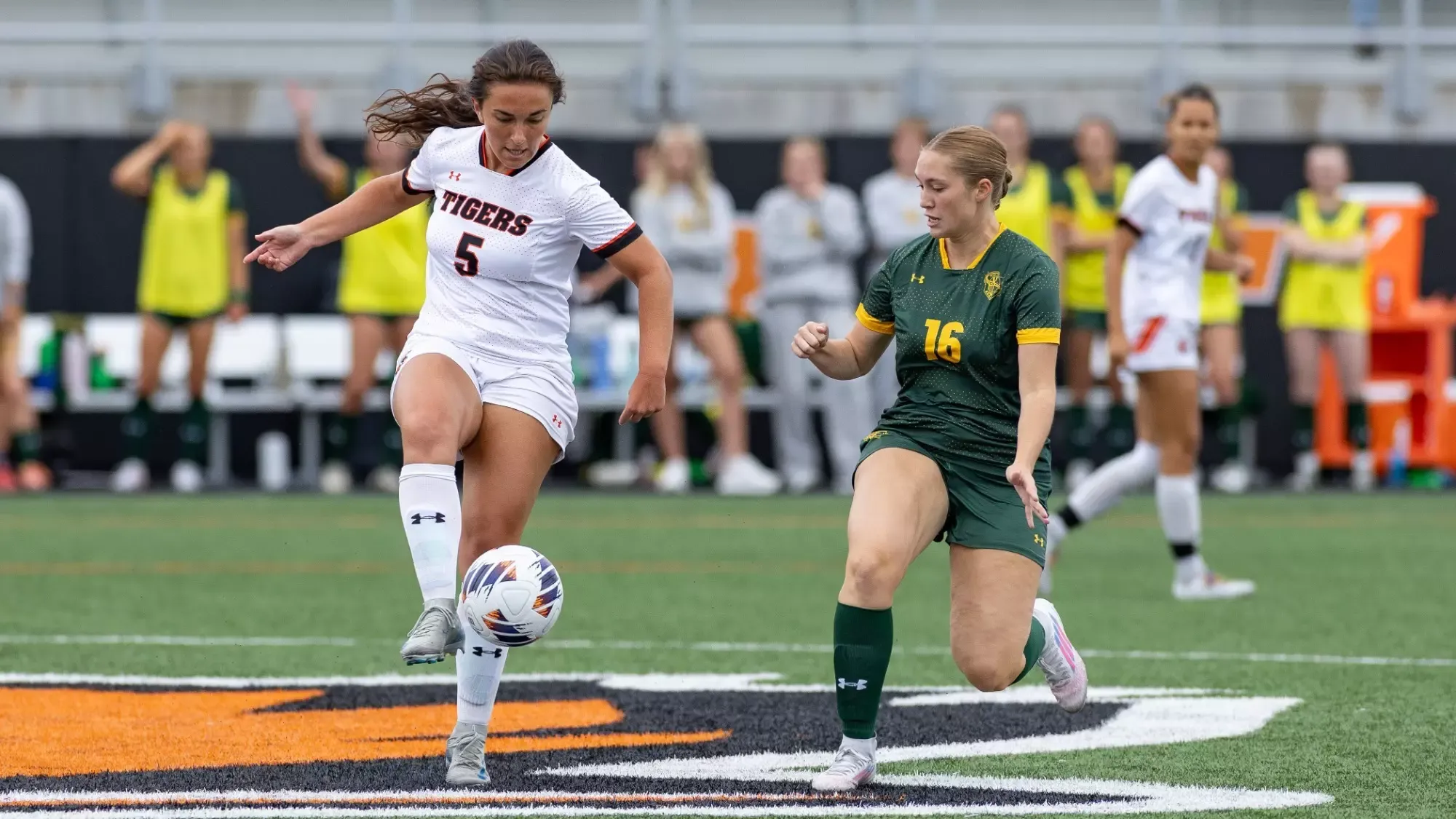 RIT's Anya Sander, #5, dribbles the ball on Saturday, Sept. 19, 2026, at Judson Stadium, RIT defeated Clarkson 2-0. RIT Athletics / Maximus Andrade.