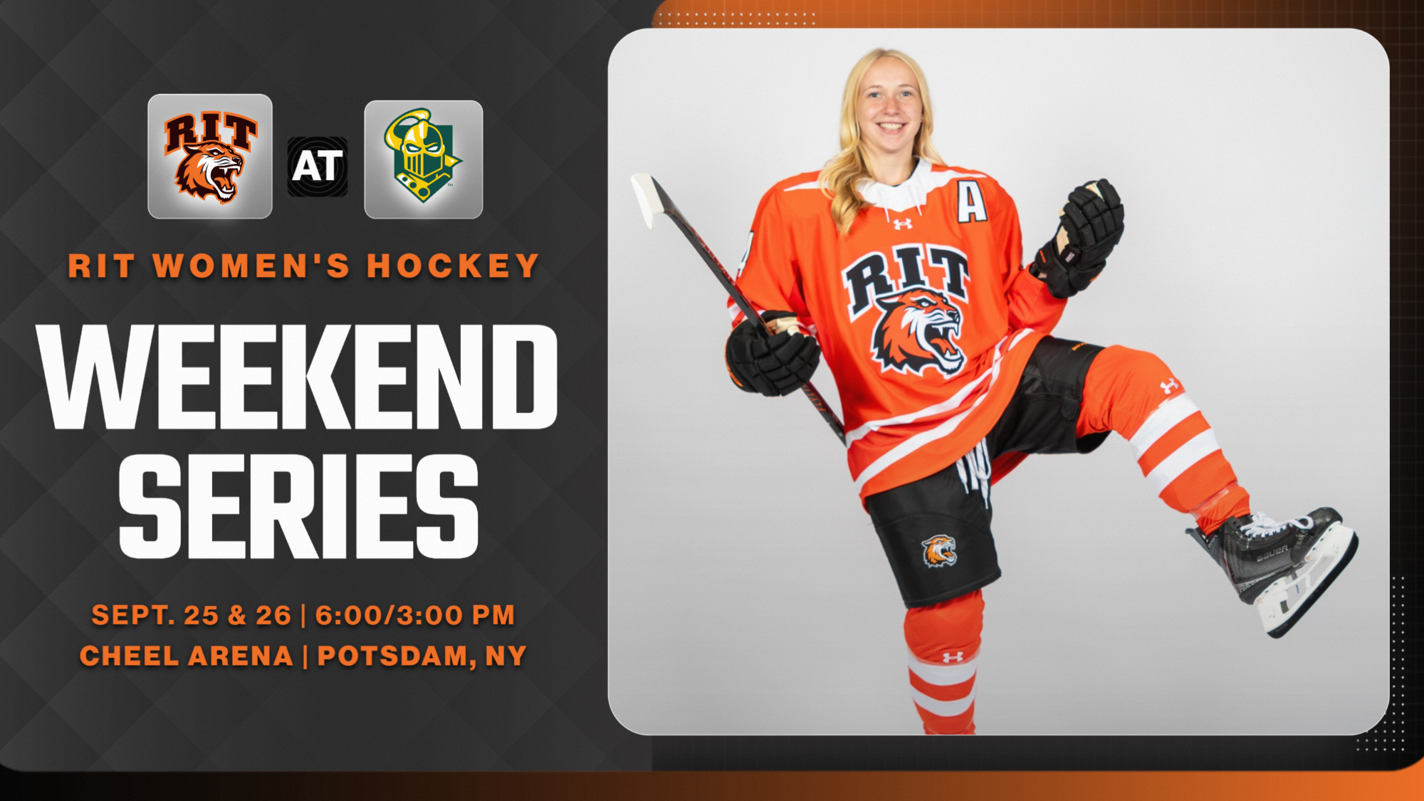 A graphic promoting the women's hockey games at Clarkson with a posed shot of Linda Rulle