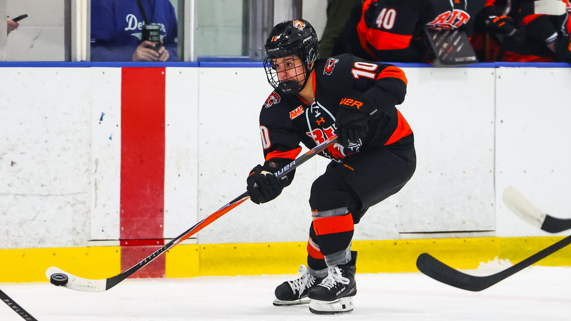 RIT's Zoe Ziotas, #10, in game vs Delaware on Thursday, Jan. 8, 2026, at Fred Rust Arena. RIT Women's Hockey game vs. University of Delaware. (Mikaela Engstrom/RIT Sports Network).