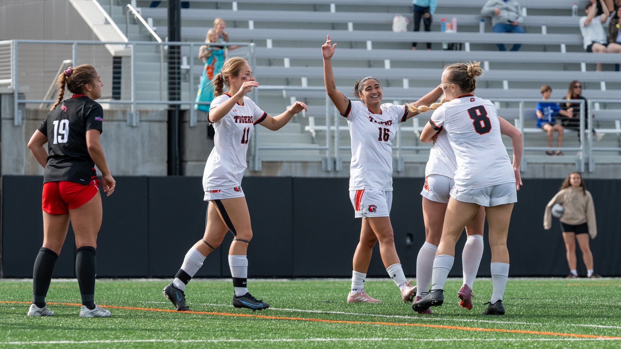 RIT Tigers celebrate after scoring a goal during game against RPI on Saturday, Sept. 26, 2026, at Thomas Fearey Judson Jr. Stadium. RIT Athletics / Elizabeth Robertson.